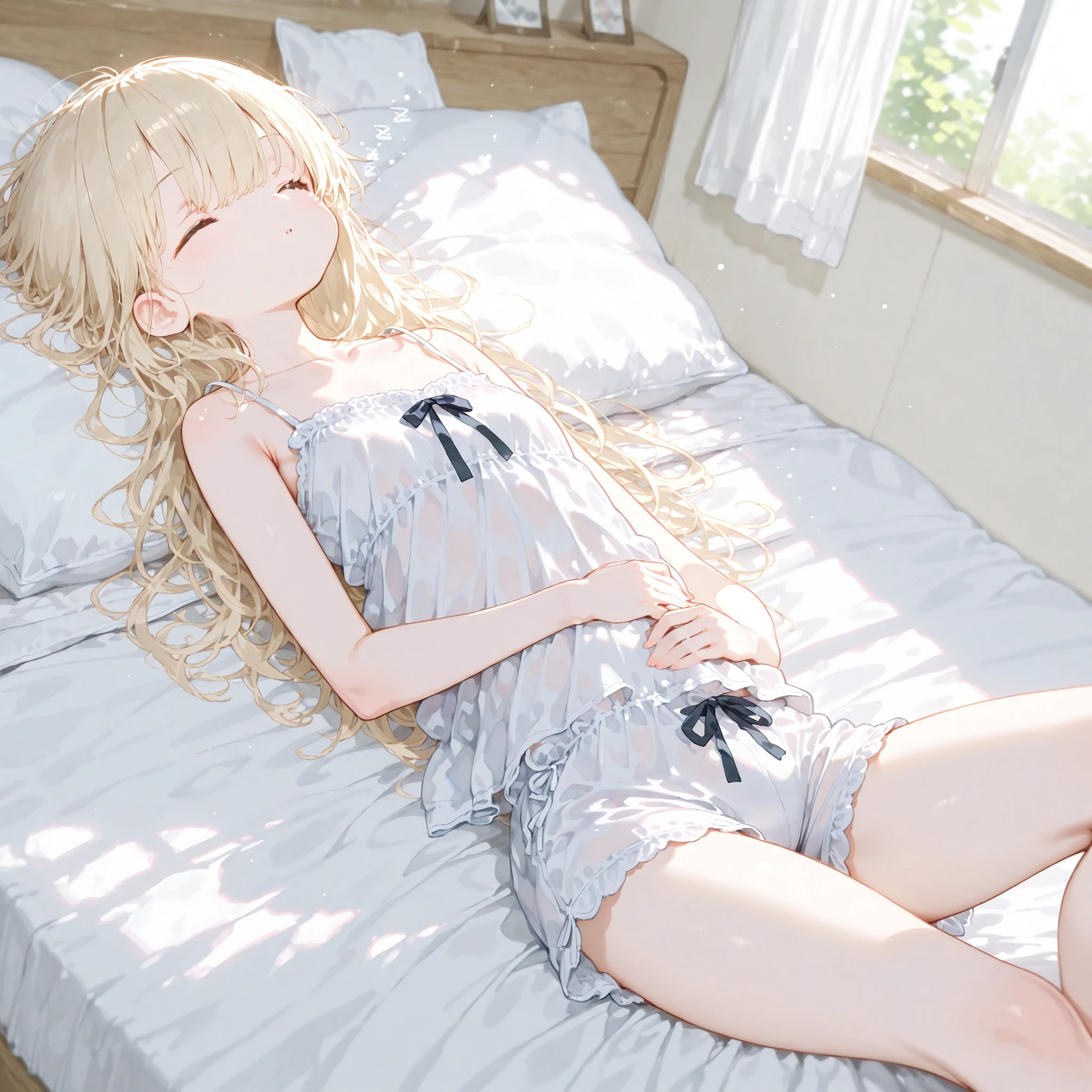 8-year-old girl, 1people、Pajamas、Gold and silver thread embroidery、Wearing semi-transparent bloomers that reach down to the knees、Translucent slip