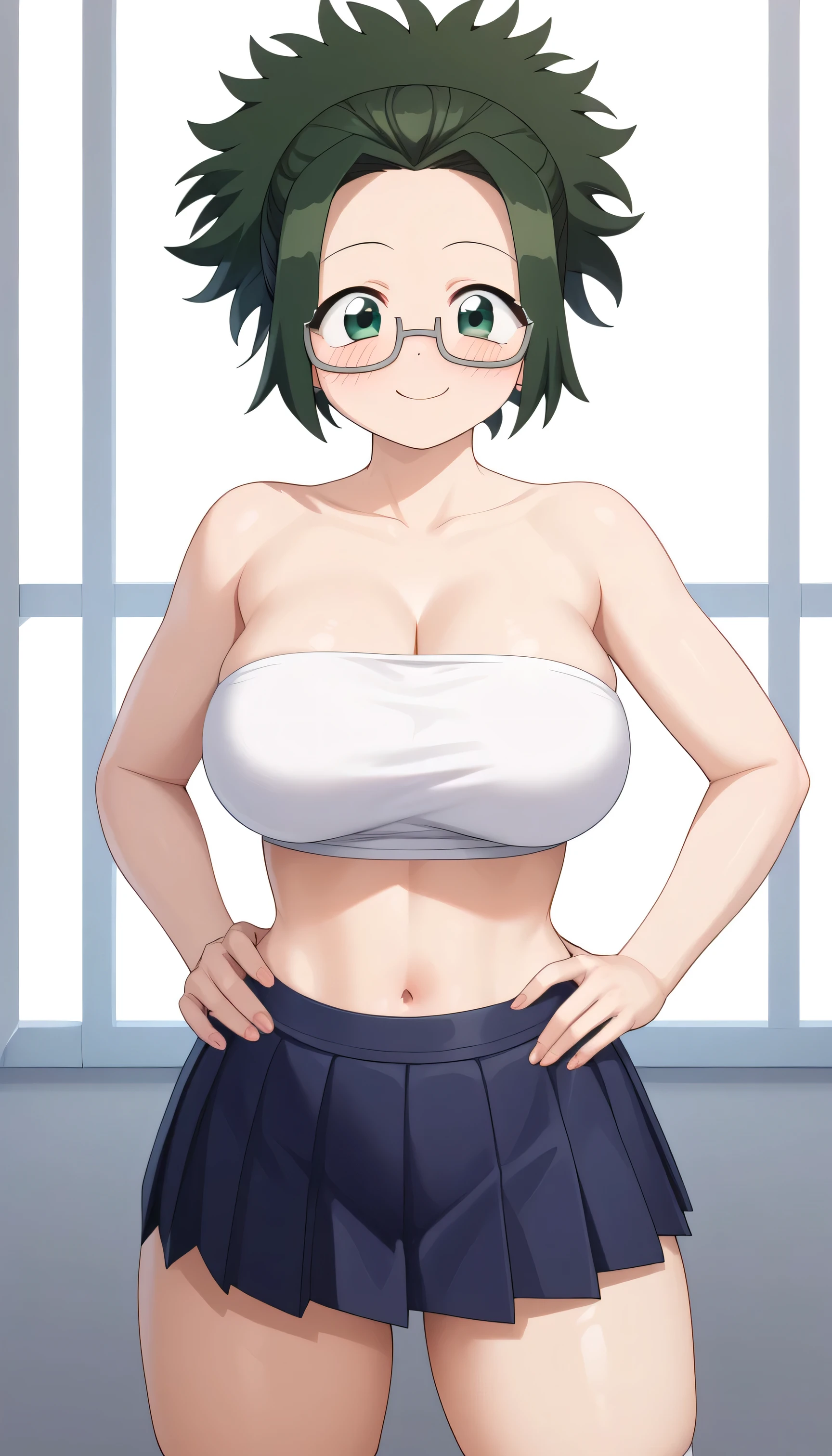 1girl, solo, green hair, short hair, green eyes, one-piece swimsuit, arms behind back, pussy line, huge breasts, white thighhighs, smile, absurdres,