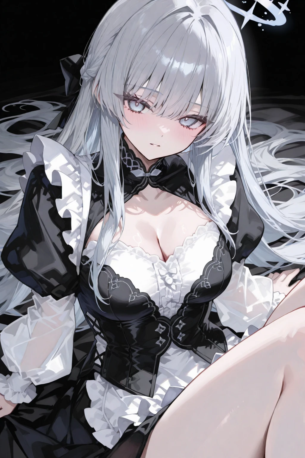 1 girl, big breasts, Hitodama, night, tombstone, cemetery, long sleeves, ghost, pale skin, off the shoulder, long white hair, bare legs, torn clothes, open hips, plump hips, red eyes, white horns, Massive breasts, long beautiful legs, in panties