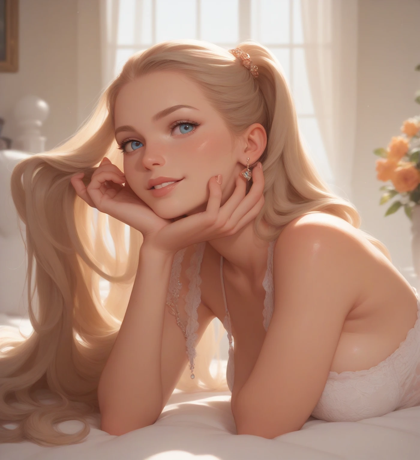 full body, feet included *five toes in each foot*, young woman, latina, barefoot, drooling,, wet skin, laying in bed looking up at viewer(((masterpiece)))(Masterpiece, best quality, photorealistic, highres, professional photography, :1.4)(NSFW)(all girls are naked nude:1)(twintails hair)