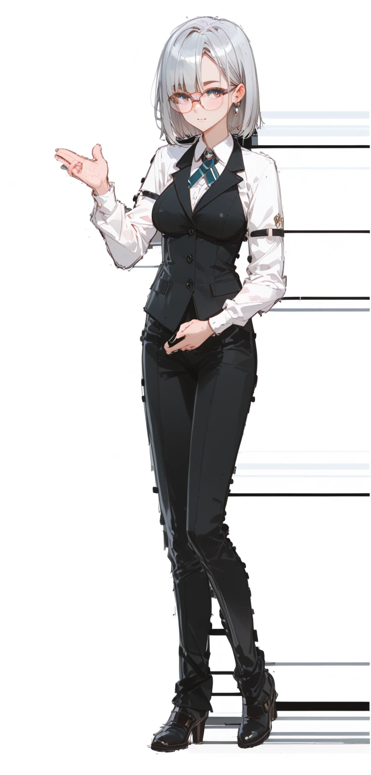 A closeup of a woman wearing uniform and some other poses, Lady, DMC, Devil may cry, front side and back poses, woman with short black hair, pale skin, fit body, gynoid body, sweaty body, perfect body, fit body, abdomen, big breasts, chubby butt, prancing ass, prancing butt, full body concept art,  detailed full body concept art, Yusuke Murata style, Oppai proportions, official character art, uniform, full body concept, (best quality, masterpiece) a cute chibi girl,