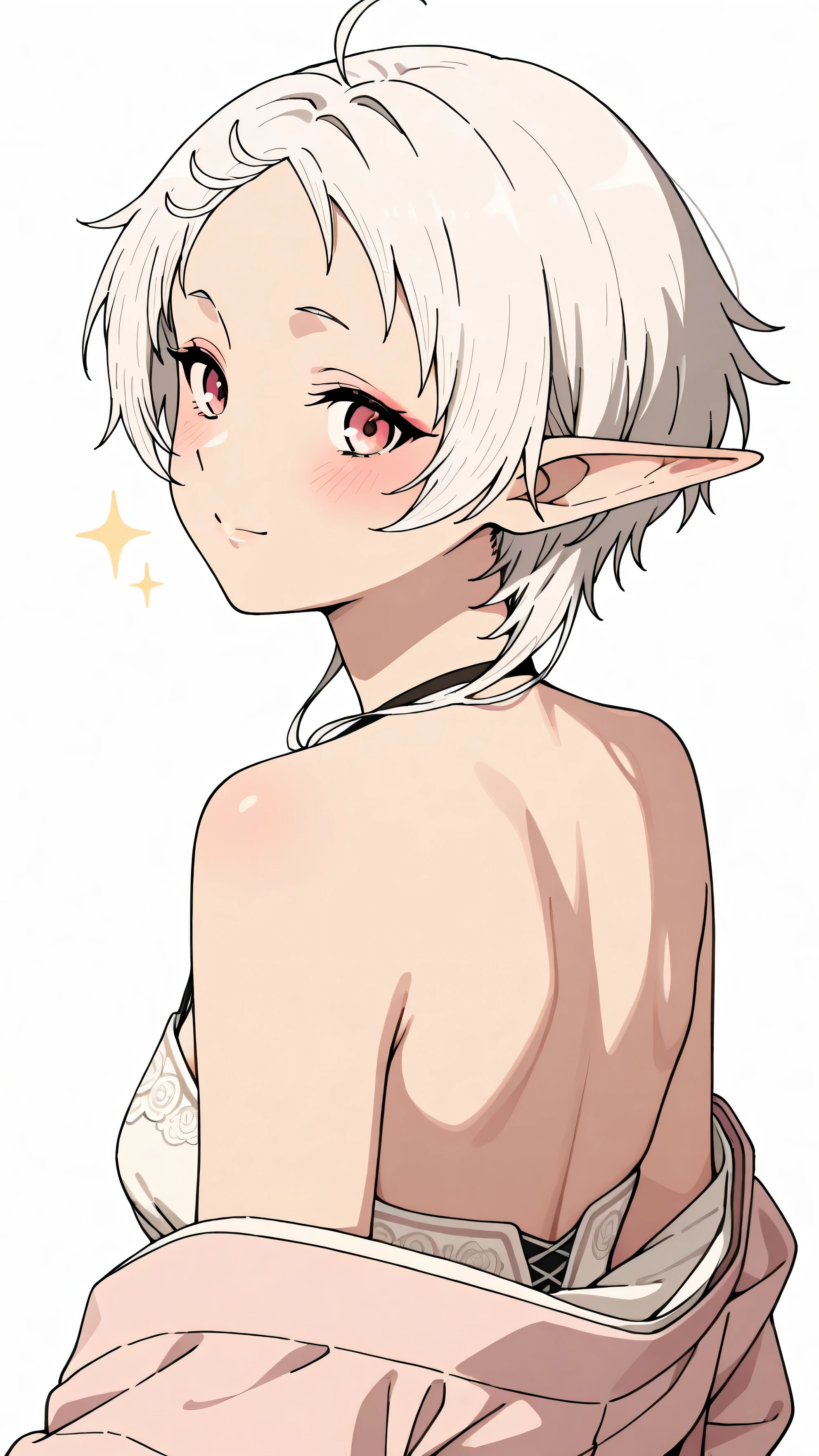 Portrait of Sylphiette from Mushoku Tensei, seen from behind, turning her head gently with a flirty, playful glance. Her eyes sparkle with mischief and charm, soft smile on her lips, cheeks slightly blushed.

She wears a soft pink kimono with delicate embroidery, translucent layers fluttering slightly as if caught in a breeze. Low neckline at the back reveals smooth skin.

Her makeup is classic but romantic: rosy cheeks, slightly exaggerated lashes, light glossy pink lips, soft peach eyeshadow. Her hair falls in loose waves with small floral ornaments (like sakura or ume blossoms).

White minimalist background, ethereal and clean. The composition focuses on the curve of her back and the flirty side-glance.

--coquettish look --japanese vintage style --dreamy cel shading --soft pastel tones --romantic shoujo energy --white background --hand-drawn feeling --high detail --HD