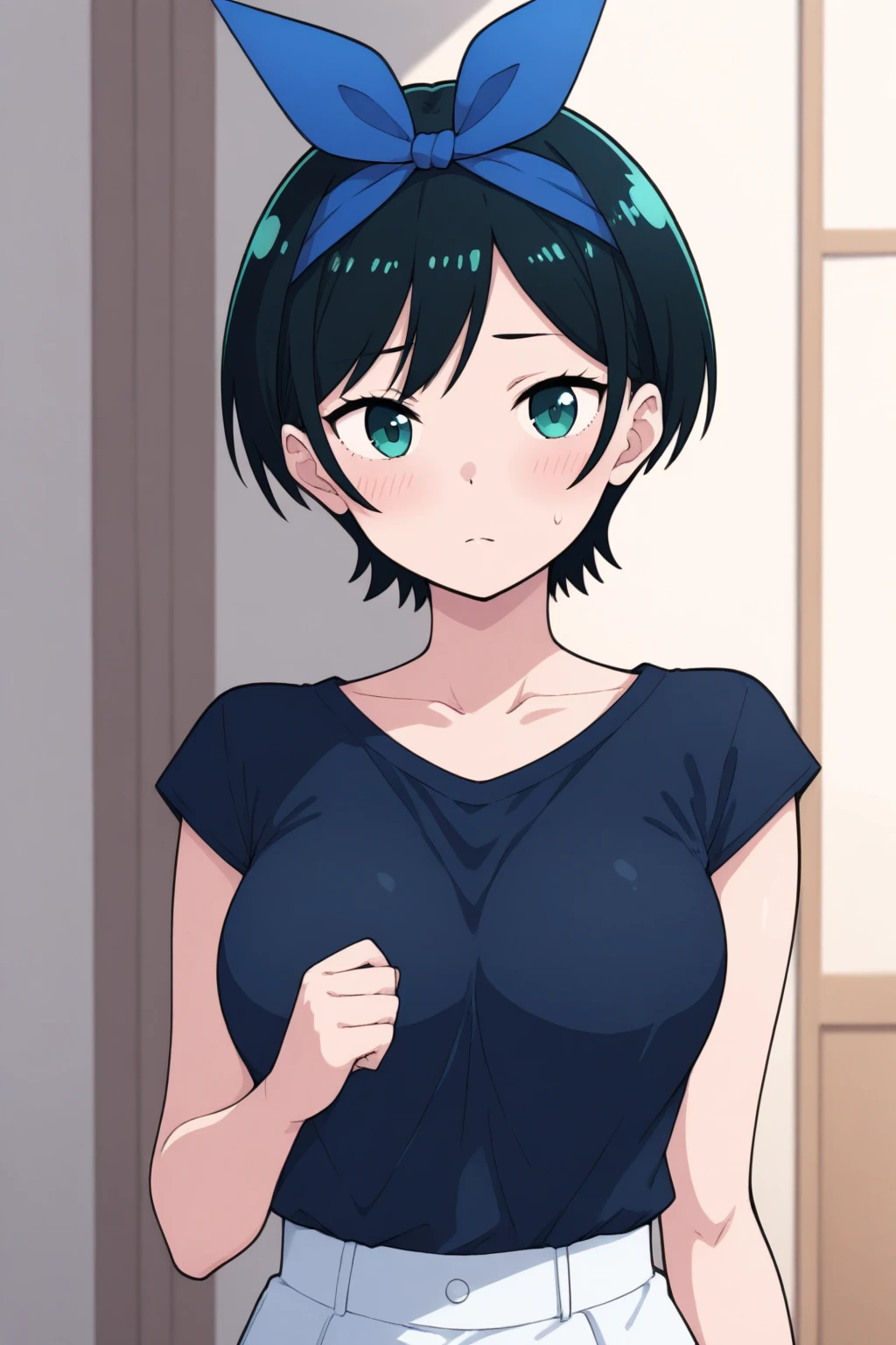 mikictr, 1girl, solo, black eyes, short hair, closed mouth, lipstick, blush, large breasts, crop top, no bra, midriff, navel, upper body, standing, belt, blue short shorts, simple background