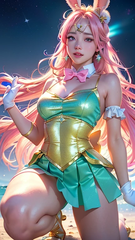 8k, qualidade superior, alta resolução, Reallistic、Fotorrealista，Cinematic light、to stand、arte de fantasia detalhada、arte de personagem impressionante、fan art best art station、epic exquisite character art、germe de arte extremamente detalhado、arte de anime digital detalhada、art stations , 1girl em, the sailor jupiter, colarinho de marinheiro verde, cabelos castanhos vermelhos, poneyCauda, ((sorriso sedutor、Cara muito limpa、Detalhes do rosto:1.5、Rosto bonito、Olhos belos、olhos brilhantes、olhos de cor verde,fine lips:1.3、thin, sharp, pale eyebrows,、long dark eyelashes、Double eyelashes)),Uniforme Sailor Senshi( (White latex elbow gloves, Thin white latex leotard、Green latex skirt, gargantilha verde,pink bow、Detail with strong shine and smooth surface））， brinco, Tiara Dourada,Dynamic Stance, Dynamic backgrounds、Stars and moon in the skyＣＧ、fantasiaｃｇ、Magnificent big bright moon、ambiente iluminado、cavaleiro da fantasia、starly sky、Esbian de corpo inteiro、The deity of lightning、lightnings、eletricidade、radiating power、magia((Drama))Lightning background,