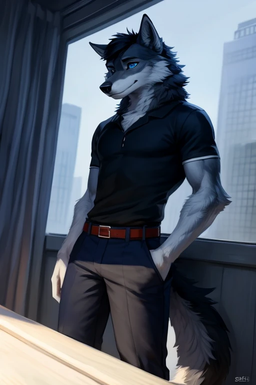 <lora:tindalos-06:1>, tindalos, (soft shading), 4k, hi res, ((detailed face, detailed eyes, detailed)), (full body), by zackarry911, by zaush, (by personalami:0.5), mature male, bara, muscular, muscular male, (pose:1.3), looking at viewer, shirt, 1boy, school uniform, male focus, thighs, cowboy shot, necktie, pants, bag, hand on hip, bulge, blue pants, partially unbuttoned, pectoral cleavage, between pectorals, wolf tail, bedroom, pc, pc gaming, neon lights,