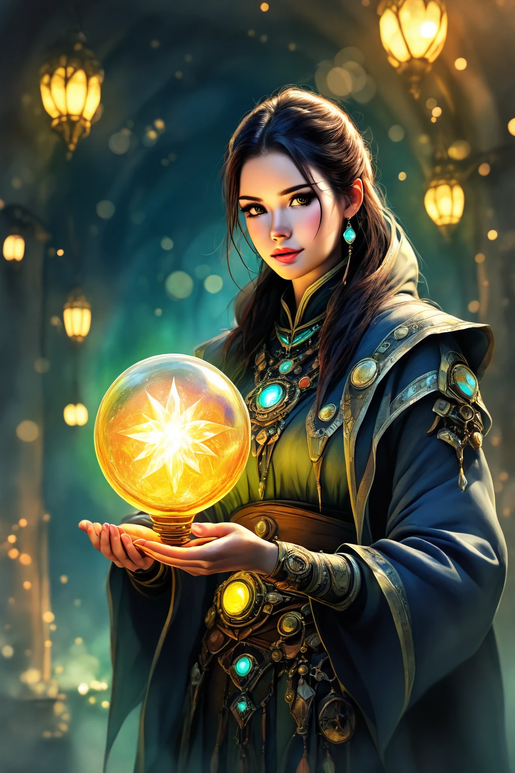 colorful portrait illustration, (attractive female as a wizard, ponytail, wearing_long_flowing_blue_intricately_embroidered_wizard_robes), (necklace, pouches, belts, smiling, highly detailed face, masterpiece, best quality), highly detailed, (in a dungeon), mage_glam, (large glowing runed circles), fire and ice, casting a spell, ultra high resolution, by Alexandre Calame and Alyssa Monks and Shigeru Ban
