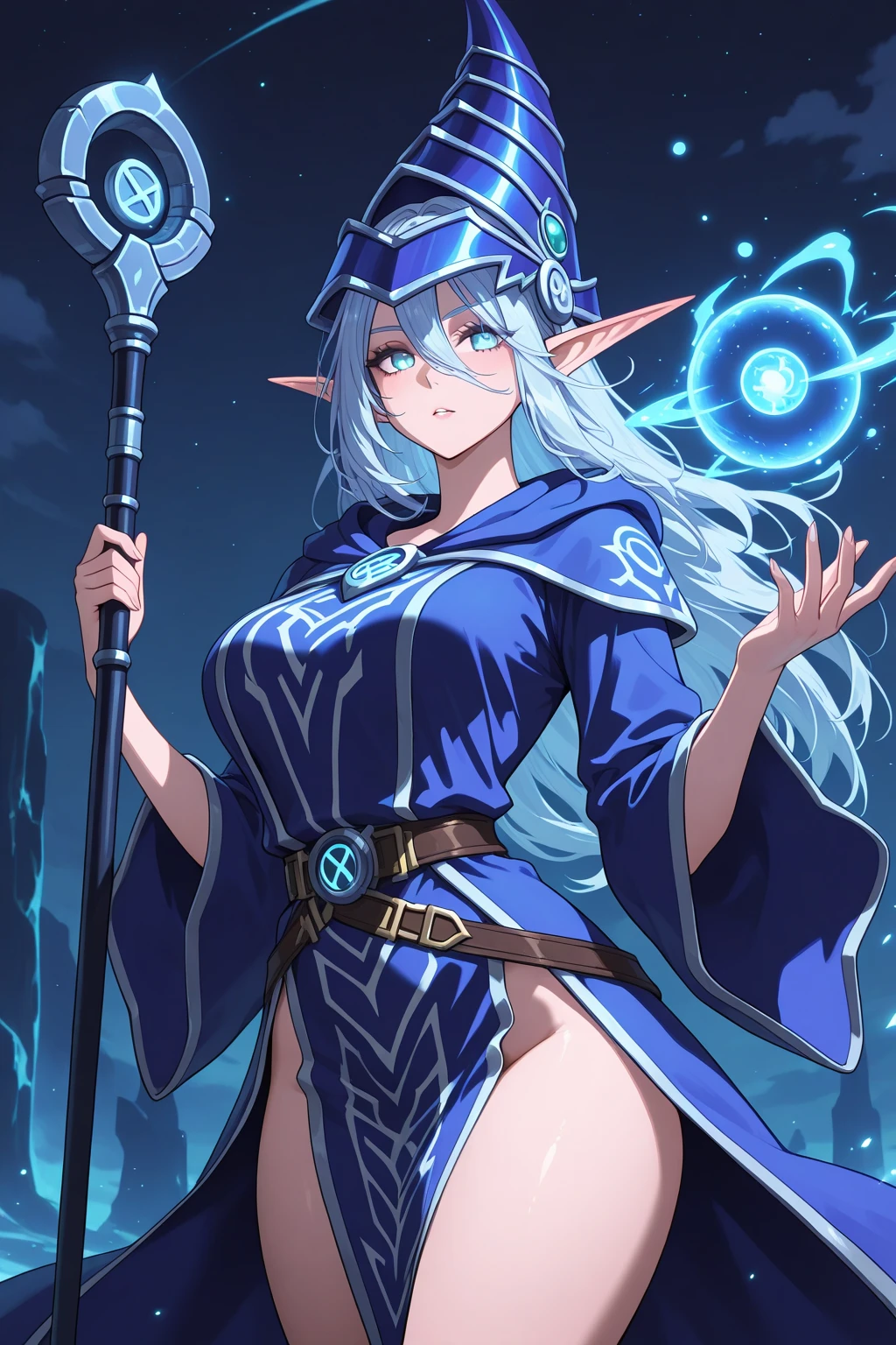 A Elven Mage with Arcane Tattoos White Hair and Blue Eyes