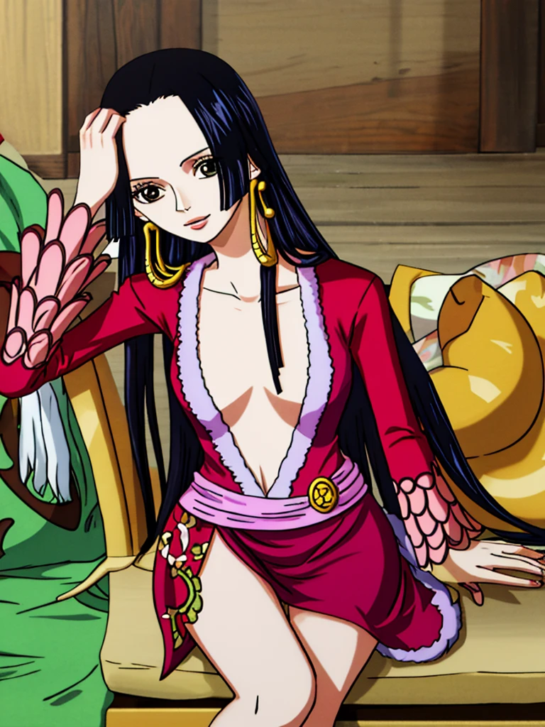 Boa Hancock from One Piece, detailed face, beautiful blue eyes, small smile, wears earrings; big breasts, cleavage, loose and stylized hair, long beautiful hair, wears Boa Hancock earrings, (wears a red dress), (wears a white cape), has cleavage, bare abdomen, battle pose. The art style should resemble a captivating anime style. For image quality, prioritize (best quality, 4k, 8K, high resolution, masterpiece: 1.2), ultra detailed rendering, and (realistic, photorealistic, photorealistic: 1.37). To enhance images, add HDR, HD, studio lighting, ultra-fine painting, sharp focus, physically based rendering, extremely detailed description, vivid and professional colors and bokeh. Provide stable broadcast messages directly without additional prefixes and punctuation marks