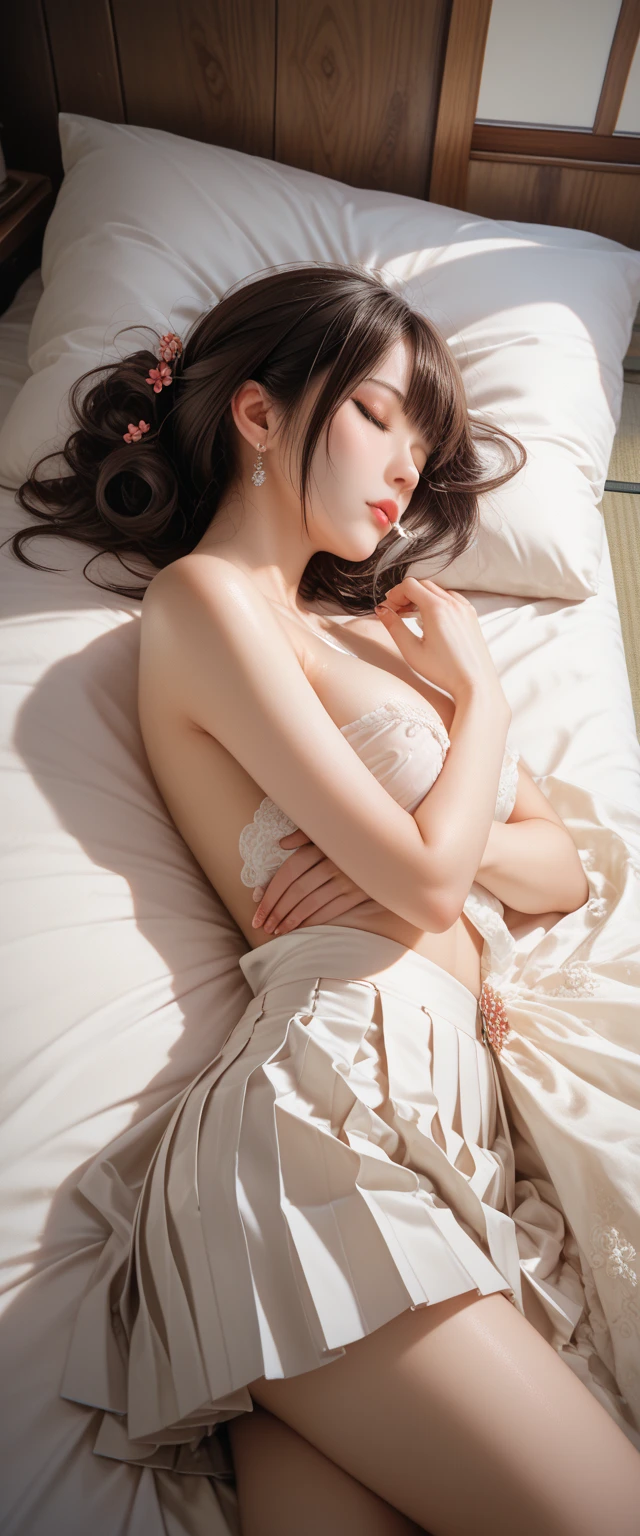 （(Girl lying on bed))、Beauty、 One Girl、alone、Long Hair、Viewer、smile、（Eyes closed)、hair ornaments、、gem、Gray Hair、Shut your mouth、Blunt banganicure、bracelet、lips、Grey Eyes、Portraiture、Red nails、close、赤いlips、Put your hands on your face、Place your hand on your cheek、()、(Shiny skin)、((Skyscrapers are hazy outside the window))、(Off-shoulder white dress with floral pattern),),((Girl sleeping with legs slightly apart)),(Leg spread),((White panties are visible)),（Lift-up skirt)、((holding a wine glass)),