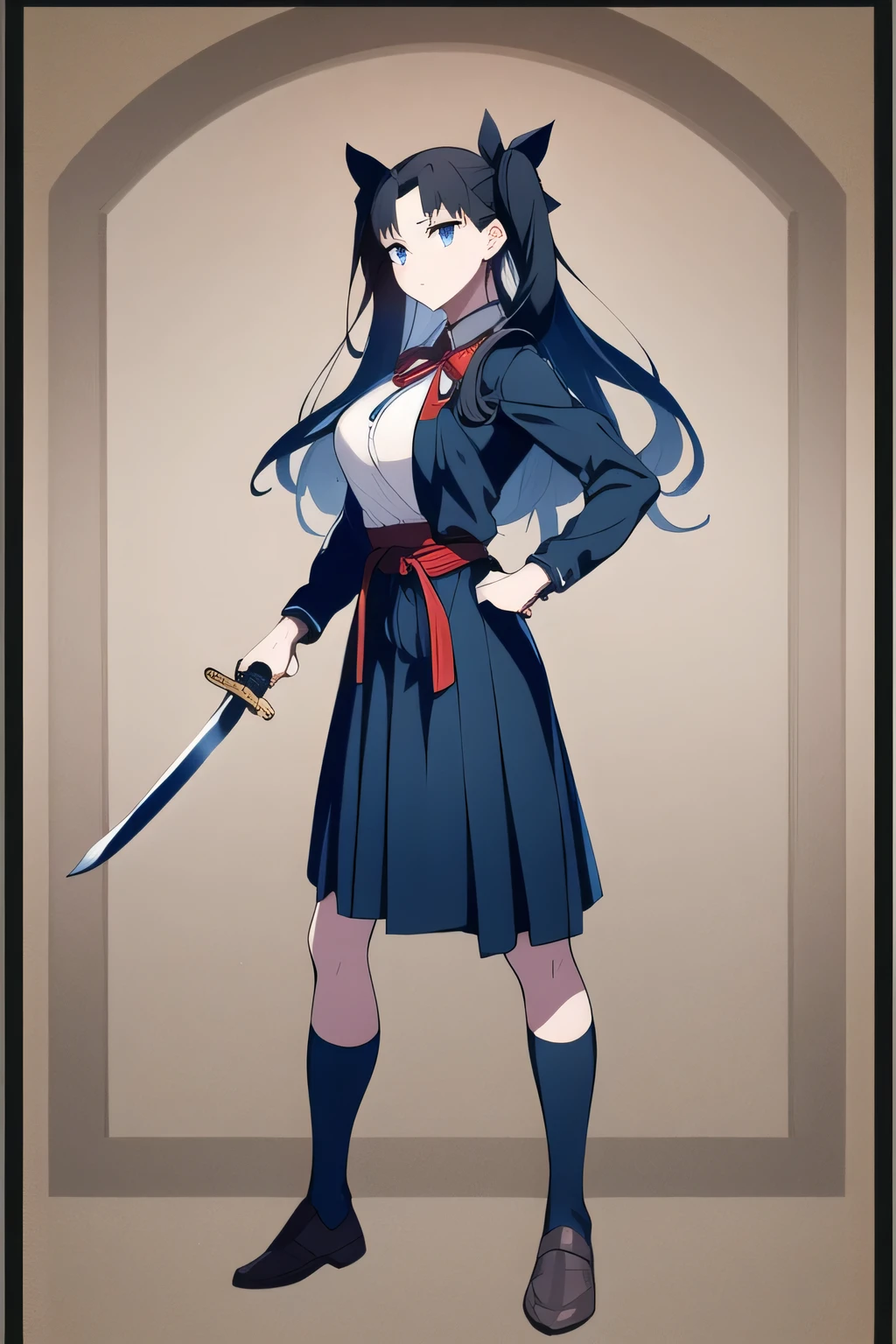 dark-haired woman with twin tails      ， ，Is wearing a high school uniform、can you accurately draw details of a Japanese sword with a long blade ，（（（expression is paramount, so don't cut it out ）））,，I am alone ，，can you draw the details of a long sword accurately，A woman fighting with a Japanese sword   ，Can you draw the character's hands and feet accurately、sunny day、Outdoors,The enemy is hiding    ,（Let's draw a more delicate expression）, ,   big breasts, thin waist ， ,   ，can you draw the details of a long sword accurately,the length of the handle of a Japanese sword is about 30 cm，the length of the blade of a Japanese sword is about 1 cmｍ，accurately draw details of human hands and legs，Use full-color CG，show me fighting in a high school uniform，Please wear shoes，