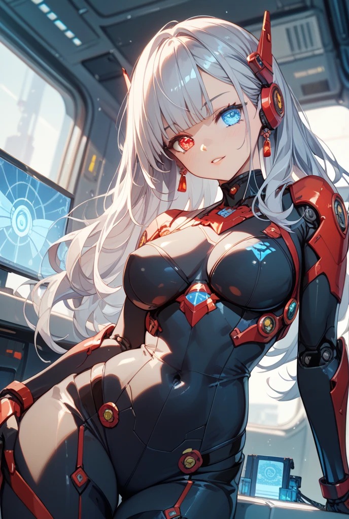 highest quality、All limbs、full finger、1 girl、((one beautiful woman、solo))、silver haired woman、Shoulder-length medium hair、straight hair、big breasted woman、big smile、naughty pose、((red full body evangelion plug suit:1.2))、No exposed skin、Woman on her knees