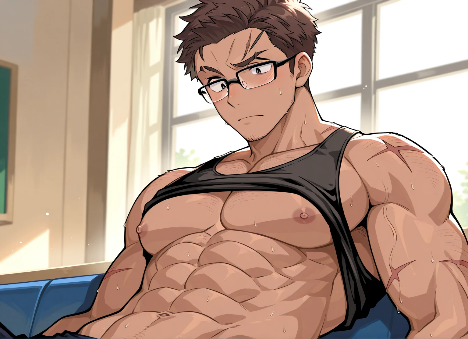 It generates a very handsome young boy, with almost perfect features, with round glasses, a muscular body, tattooed in some parts of his body, very sweaty all over his body, he has hair on his body, he is sitting in a gaming chair, opening his legs a little, he has a black mobile phone in his hand with 3 cameras, he has no shirt, he only has white underwear on, very transparent, so transparent that you can clearly see what is under his boxer shorts, in the background a room.
