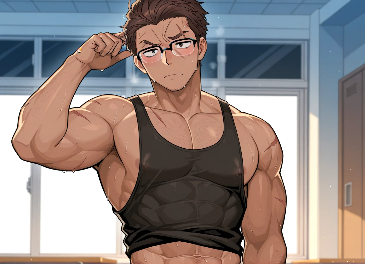 A young perspiring impossibly massively muscular male college student wearing a tank top that reads JOCK-U and a backwards bro baseball cap that says DUNCE sits on a stool in front of an empty lecture hall and flexes his biceps as he stares blankly with open mouth as he grows dumber and dumber to demonstrate his journey to grow into a big dumb bodybuilder jock bro like the rest of the class while a teacher nods in approval. The teacher is wearing sweatpants and a tank top. Big biceps. Big triceps. Big traps. Broad shoulders. Broad chest. Thick stubble. Bro. Hairy armpits. IQ drain. Hyper muscles. Huge crotch bulge. Brainwashing. Dumber.