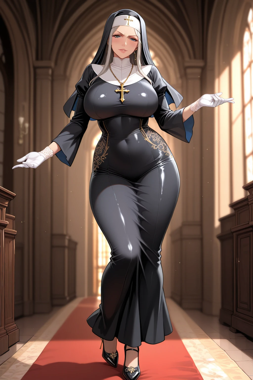 Best quality, masterpiece, high resolution, ultra-realistic 8k CG, beautiful girl, gray hair, blue eyes, open mouth, puffy, plump body, nun bandana, (tunic, nun dress), fleshy thighs, (full body white pantyhose), high heels, full body, looking at the audience, symmetrical, charming, complex, sexy, elegant, hands interlocked, hair accessories, necklace, cleavage, tyndall effect, realistic, dark studio, edge lighting, two-tone lighting, (high detail skin: 1.2), 8k uhd, dslr, soft light, high quality, volumetric light, sneak peek, photo, high resolution, 4k, 8k, bokeh,