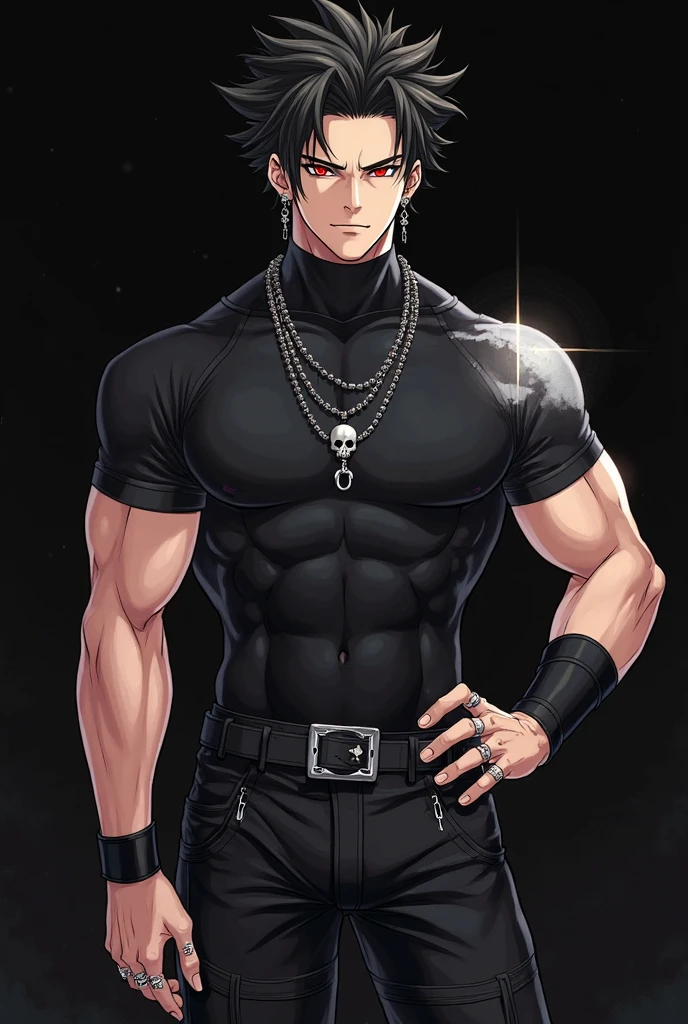 A fierce young man stands confidently, his intense gaze piercing through the viewer. He sports a stylish punk look, complete with a spiked leather jacket, layered necklaces, and a cross earring. His muscular physique is highlighted by a cropped tank top, revealing his chiseled abs. The background is a vibrant explosion of colors, adding to the dynamic and rebellious vibe of the scene.
