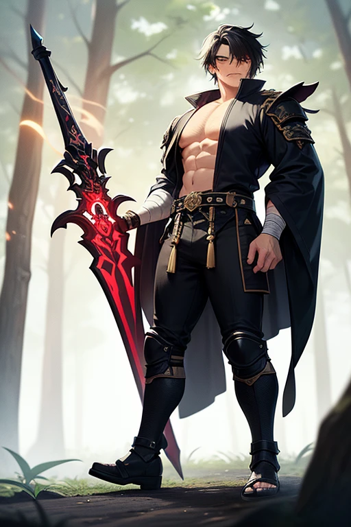 Valus is an ordinary demon standing at 1.75m tall. He has short black hair and red eyes. His skin is pale. He wears a black uniform with a white shirt underneath and black boots. Big bulge in pants. Flirty smile