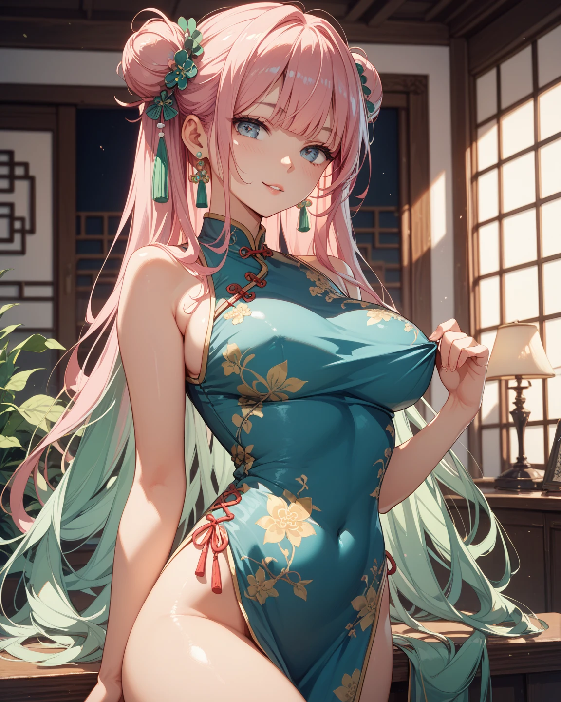 Please follow the all prompts below exactly and faithfully, This is a masterpiece of the most beautiful digital illustrations in the highest quality with maximum resolution, UHD, 512K, 2160p, 10 million ppi, 300 million dpi, natural tones, created with ultra-clear details, the highest realistic skin and hair texture, the most beautiful detailed eye features, a perfect anatomically correct human body, a beautiful background with depth, the rule of thirds, depth of field, and the best and most beautiful natural lighting, BREAK 1woman, 25years old, beautiful face sharp, elf, Ultimate perfect body style, pink hair, long hair, ponytail, beautiful blue eyes, beautiful big breasts, highly upturned breasts, smile, shiny clothes, (Ultimate minimum pink erotic Chinese dress:1.5), at the outdoor poolside,
