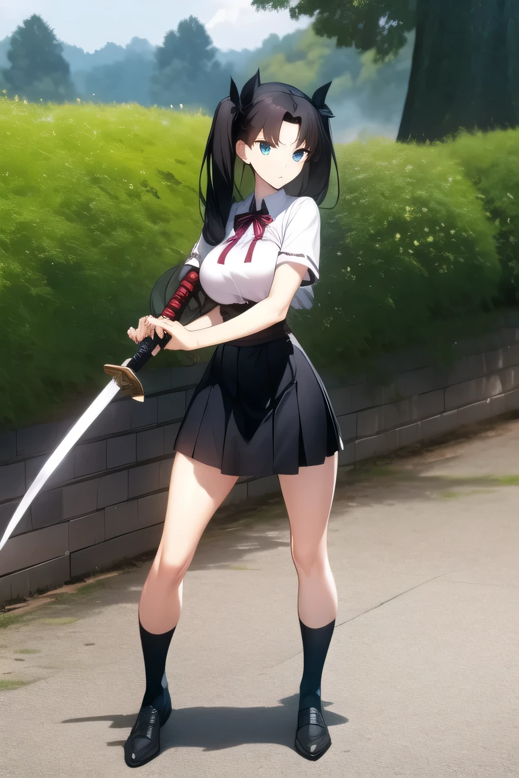dark-haired woman with twin tails       ， ，Is wearing a high school uniform、can you draw the details of a Japanese sword with a long blade accurately ，（（（Facial expression comes first, that&#39;s why、don't cut it out ）））,，I am alone ，，Can you draw the details of a long sword accurately，A woman fighting with a Japanese sword   ，can you draw the character's hands and feet accurately、sunny day、Outdoors,The enemy is hiding    ,（Let's draw a more delicate expression）, ,   big boobs, thin waist ， ,   ，Can you draw the details of a long sword accurately,The length of a Japanese sword handle is about 30 cm，The length of a Japanese sword blade is about 1 cmｍ，accurately draw details of human hands and feet，Use full color CG，Please show me battles in high school uniforms，Please put on your shoes ，