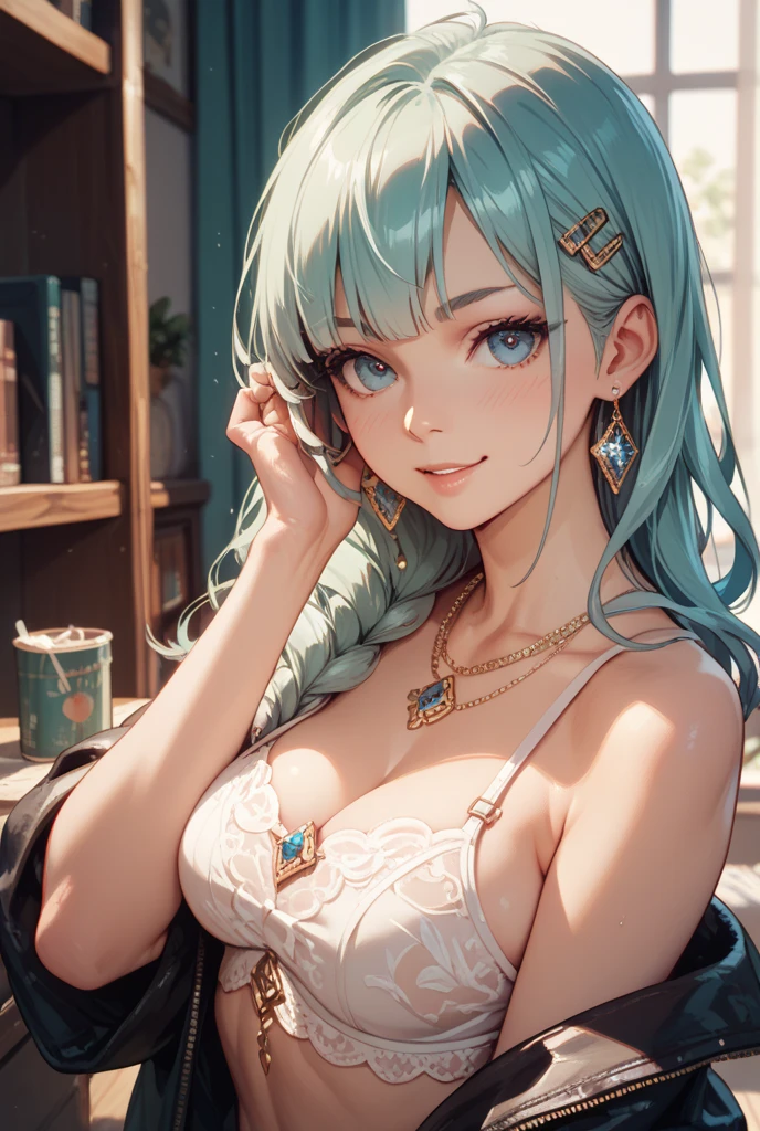 (Highest quality, 8k, 32K, masterpiece, Ultra-high resolution,:1.2),to be born, One Girl,So cute ,dentistのような電子世界のようなファンタジー背景, clear, Shining Eyes, Age 25 ,Fair skin, Green-haired girl, dentist, An innocent smile, blue eyes, Pierced ears sparkle, An elegant necklace adorns her slender neck., Rings and bracelets decorate the fingers,Dental assistant,,Bun Hair,Big Breasts, Large Breasts
