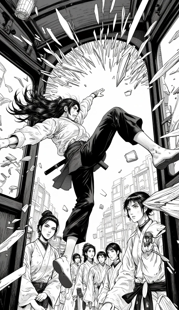 a drawing of a man in a white shirt and pants kicking, black and white manga page, Yoshitaka Amano e Junji Ito, Estilo Hajime Isayama, black and white manga panel, manga scans, manga page, striking manga artstyle, em Berserk Manga, award winning manga style, horror manga