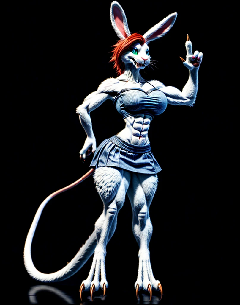 Furry girl, white long hair, gigantic muscular body, fox ears, 9 fluffy tails, fox paws, 4 arms, full body.