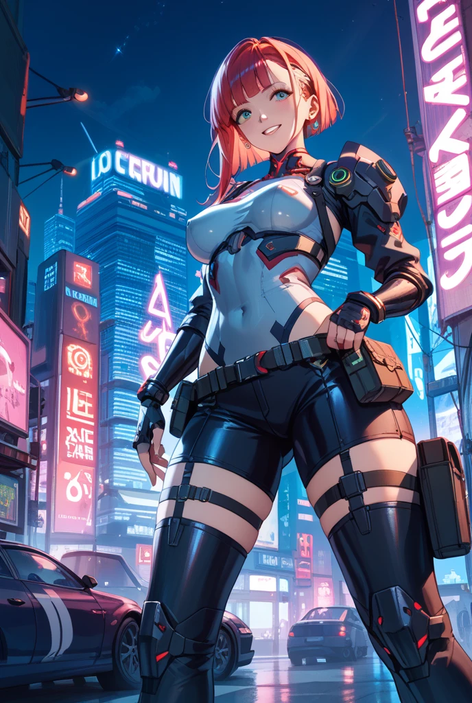 ((masterpiece, best quality;1.3)), ultra detailed, 8k unity wallpapers, CG, illustration, colorful, cinematic shadow, extremely detailed and beautiful background,vhd, shadering VRay,RTX,(realistic:1.5),cyberpunk,(exoskeleton:1.2),mecha musume,masterpiece,best quality,official art,extremely detailed CG unity 8k wallpaper, orange mecha,seductive smile, glowing light,exoskeleton, armored leotard, solo, night,crossed bangs, brown eyes, huge breasts, (1girl:1.5),cityscape, thigh strap, short hair,orange hair, circle robot ears, light particles,floating hair,