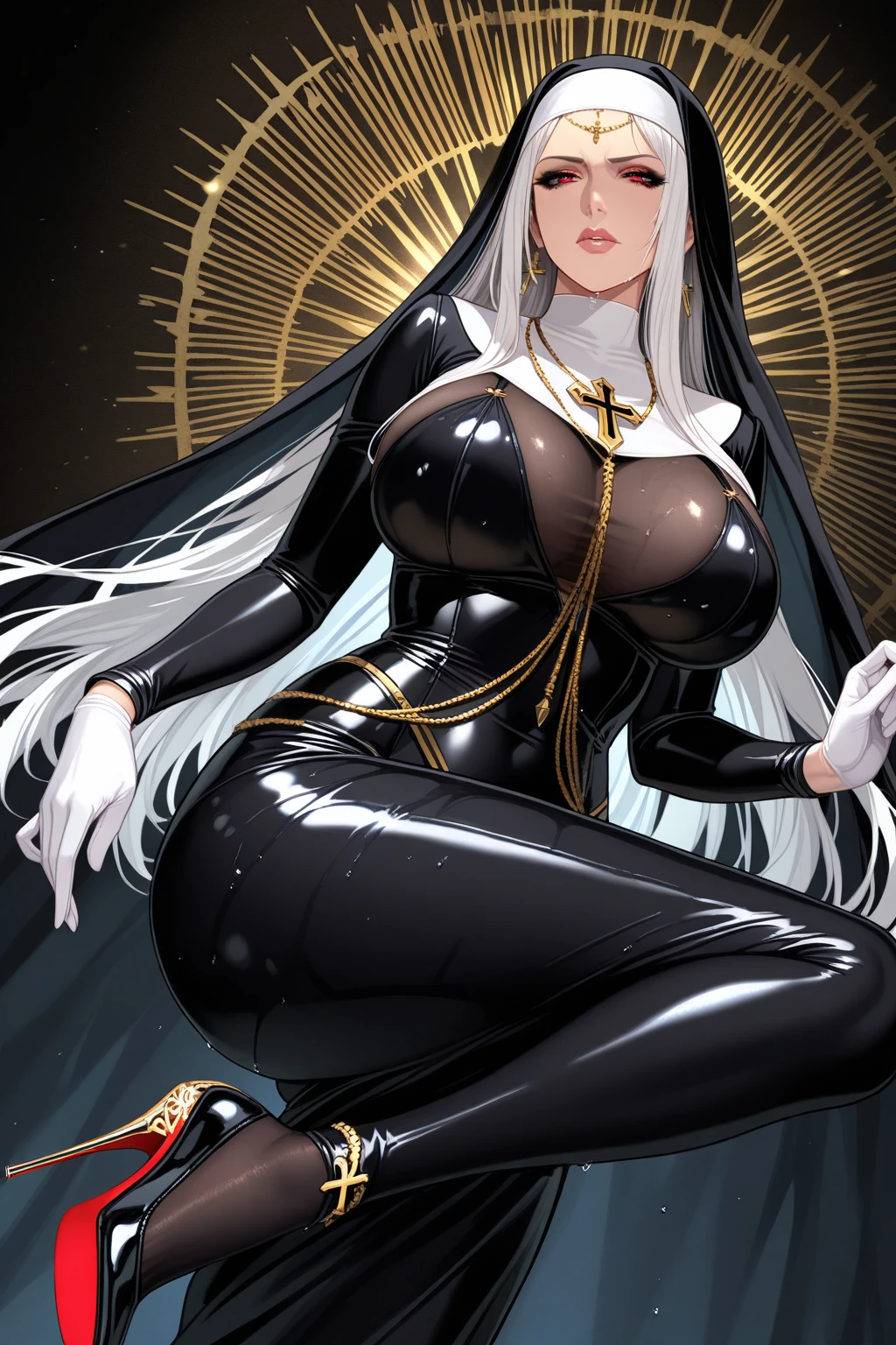 (masterpiece), score_9, score_8_up,, dominant, white hair,long hair,gorgeous,full body stocking,huge breast,condom,cum,lemon0033,nun,cape,latex bodysuit,front view,