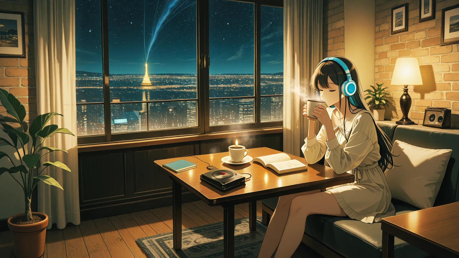 ((masterpiece)),(((bestquality))),((ultra-detailed)) realisticlying, 1 girl, Beautiful, wearing headphones, enjoying hot coffee solo, Late Night Cafe, looking to viewer, city, starry sky, cloud, night.
