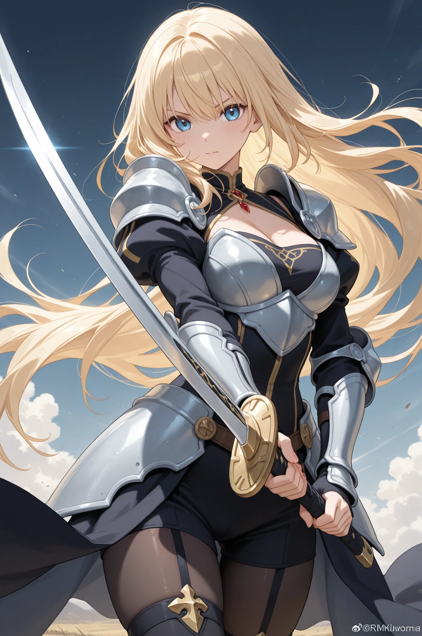 slender, mature female,1girl, breasts, blue_eyes, weapon, armor, long_hair, blonde_hair, rating:safe, thighhighs, solo, holding, large_breasts, cape, gloves, bangs, holding_weapon, cleavage, sword, gauntlets, knight, closed_mouth, elbow_gloves, looking_at_viewer, black_legwear, eyebrows_visible_through_hair, greaves, armored_boots, skirt, dress, black_gloves, garter_straps, blush, boots, thighs, armored_dress,shoulder_armor, very_long_hair, holding_sword, black_dress, thigh_boots, miniskirt