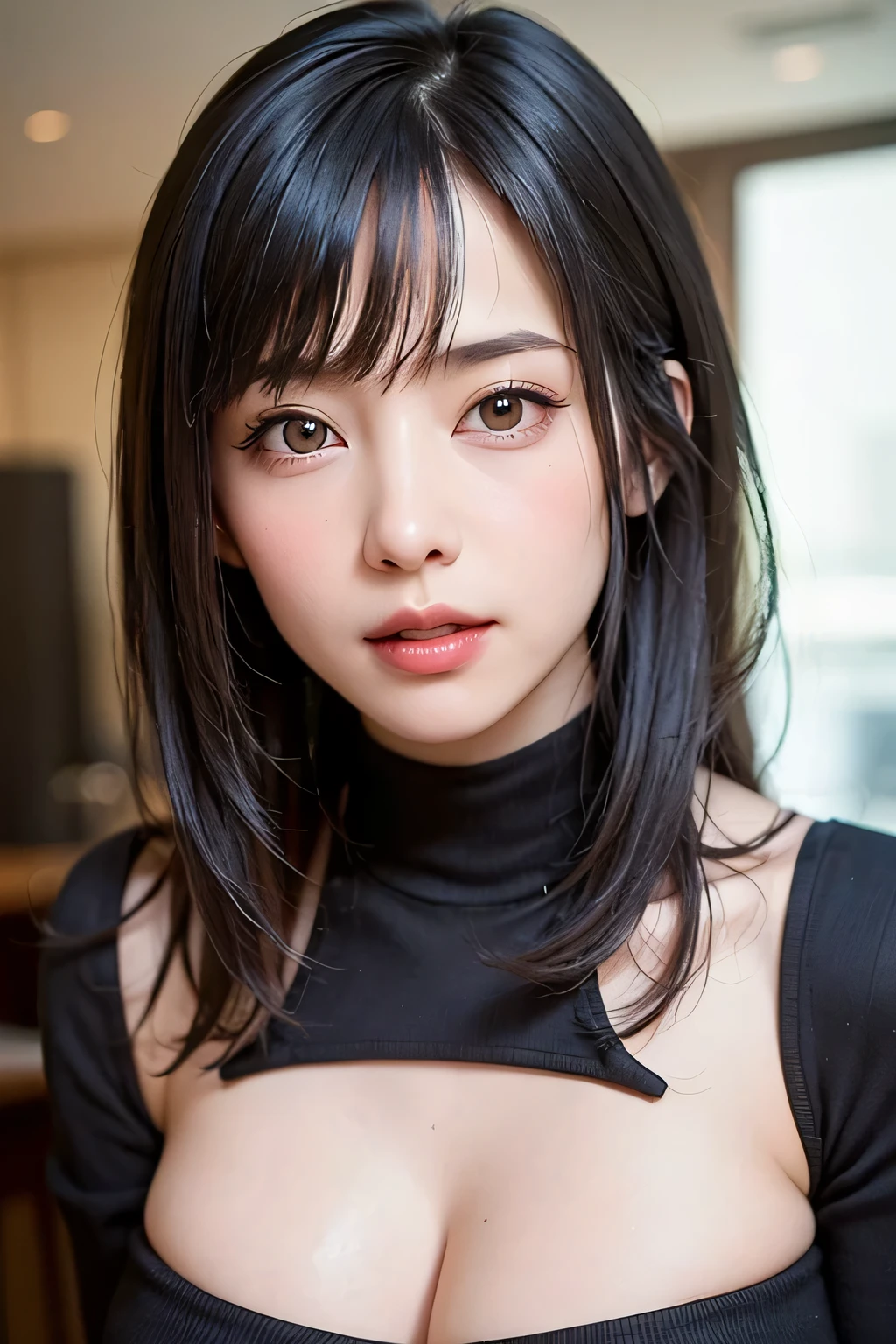 (masterpiece, best quality:1.4), 8k, 85mm, official art, absurdres, (downblouse:1.3), (from above:1.1), violaceaess, cute face, beautiful eyes, camisole, upper body, looking at viewer, short hair, bangs, small head, (smile:0.6), sharp focus, facelight, dynamic lighting, cinematic lighting, dramatic shadow, perspective, depth of field, highres, ultra detailed, finely detail, extremely detailed, detailed eyes and face, sharp pupils, realistic pupils, simple background, small waist, flare skirt