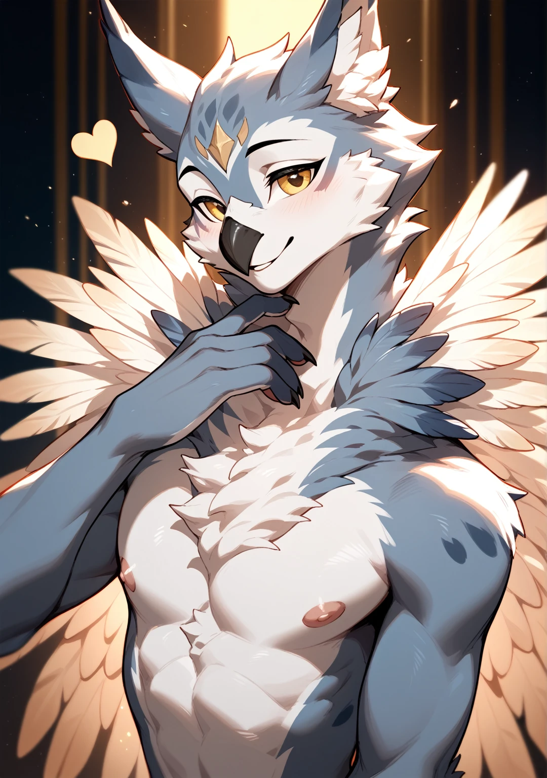 femboy, wolf boy, flat chested, grey fur, white feathered wings, shibari, thong 