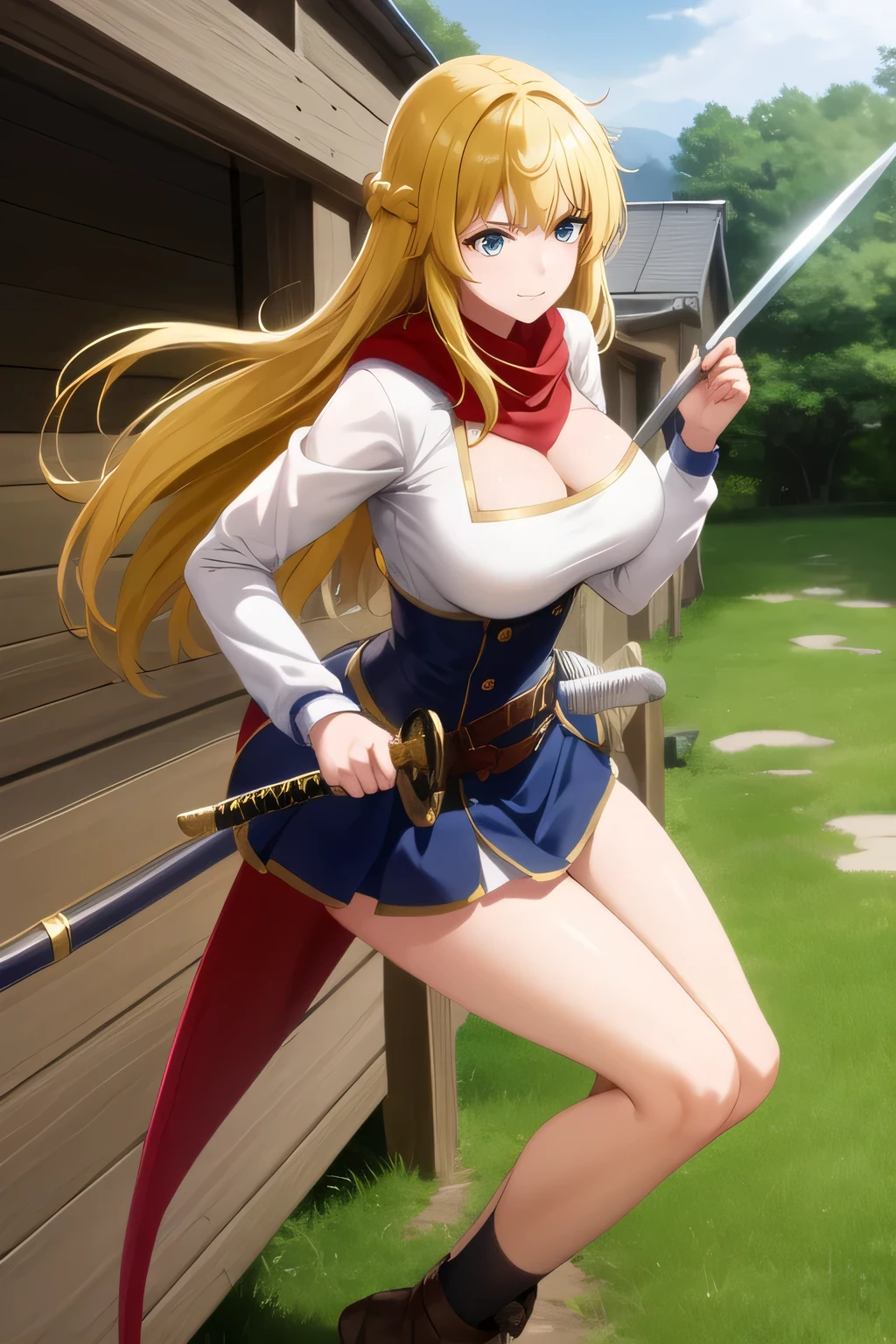 women with nice smiles，Blond wavy long-haired woman， Smile Yang，if possible, can you draw the details of a high school uniform?，，when wearing a high school uniform、can you accurately draw details of Japanese swords with long blades，（（（Therefore、Facial expression is a top priority、frowning）））,，I am alone ，teacher's house with a cane，Can you draw the details of the longsword accurately，A woman fighting with a Japanese sword   ，can you accurately draw details of Japanese swords with long blades、sunny day、Outdoors,The enemy is hiding    ,（Let's draw a more delicate expression）, ,   big breasts, thin waist ， ,   ，can you accurately draw the details of a long sword,The length of a Japanese sword handle is about 30 cm，the length of the blade of a Japanese sword is about 1 cmｍ，