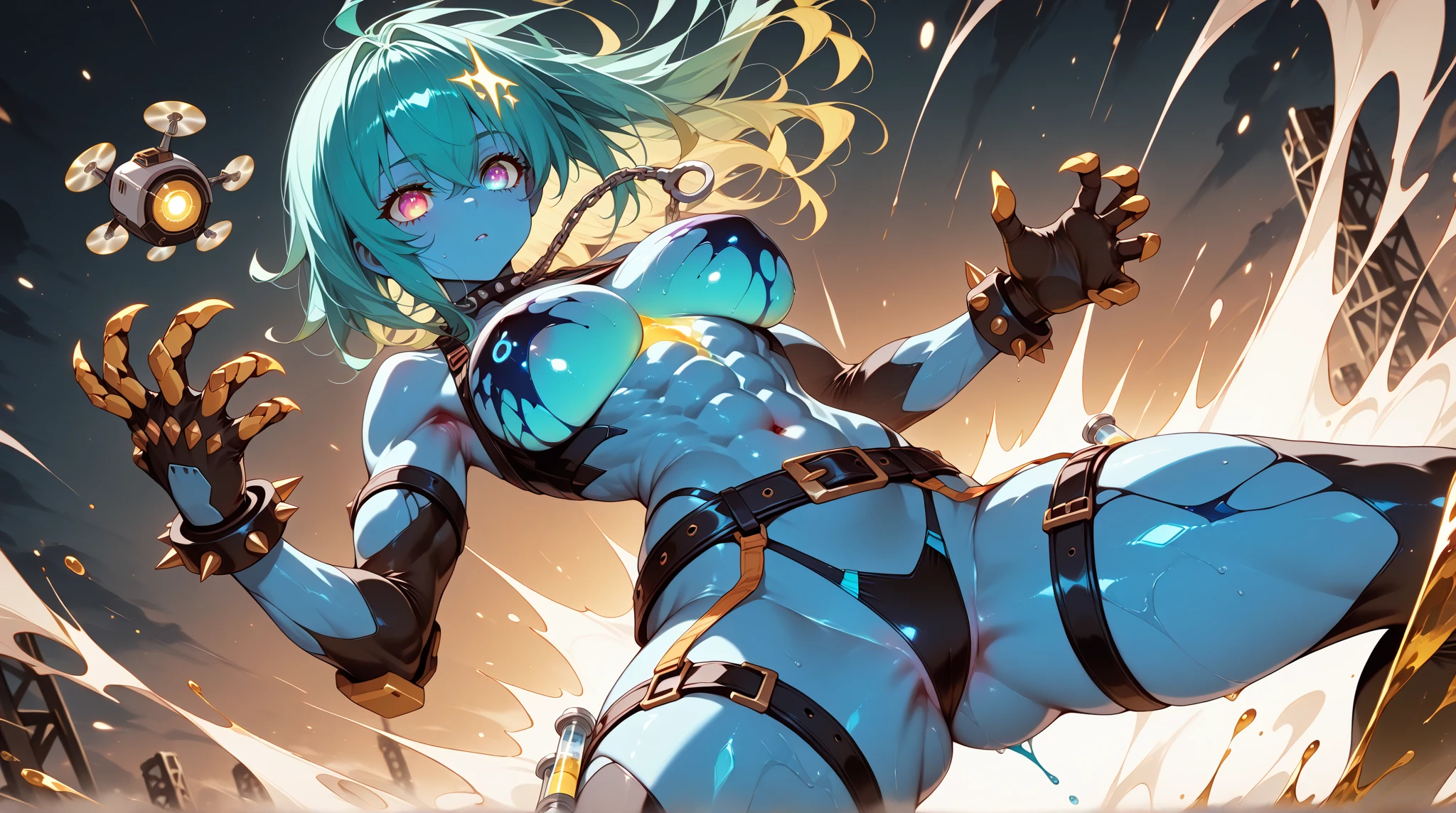 masterpiece, best quality, 1man, 1girl, pink and blue hair, kimono, huge breasts, vivid colors, paint splashes, having sex with a man, (Being stroked by man's crotch), Ridiculous resolution, hoodie is unzipped, bukkake, outside in a dark back alley, night time, looking at viewer, underboob, punk girl, from the side, muscular woman, abs, exposed vaginal sex, muscular back, muscular arms, muscular legs
