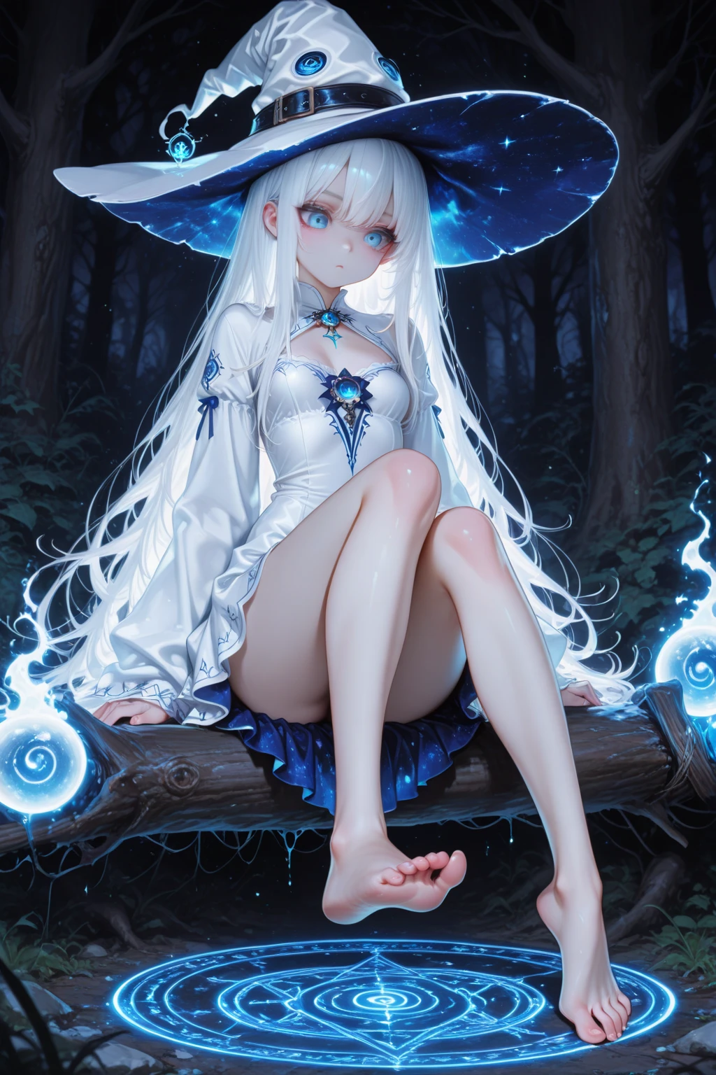 Blue Themes, Masterpiece, magical little girl, (Impossible clothes:1.5), Superskirt, Gradient background, Silver blue hair, perfect body figure, Blunt bangs,side locks, Red eyes, Medium breasts, Breasts, thigh gap, hair adornments, Arched back, black_witch_Hat,Intricate_decor,mistic_The fountain,Glowing_crystals