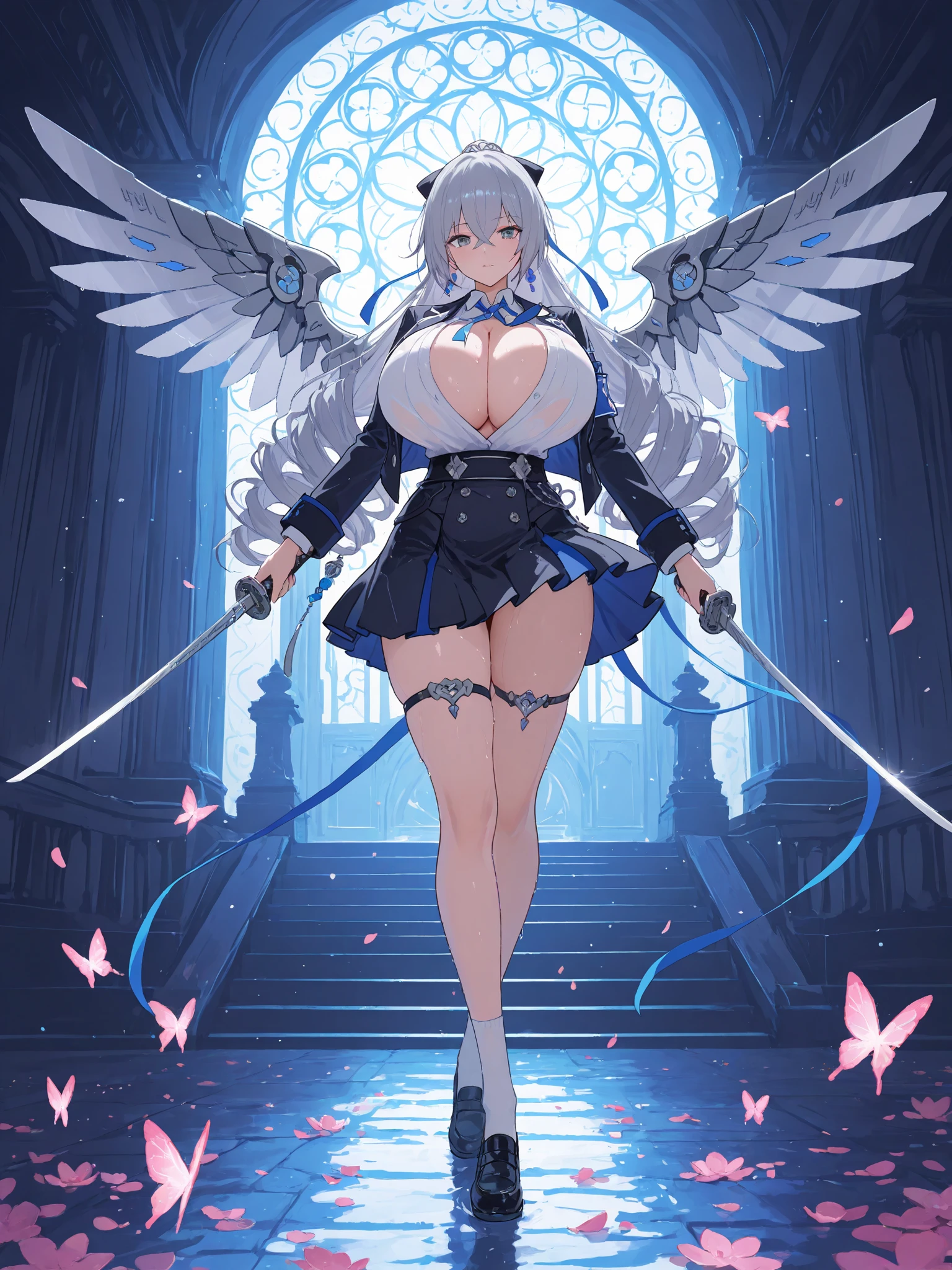 (Highest quality, masterpiece), (Ultra-high resolution, 8k RAW photos, Photorealistic:1.5, Cinema Lighting, Fabric Shading, Thin contours, Clear focus:1.2), Beautiful mature woman, Leaning forward, Long legs, Gray Hair, (Wearing thin glasses:1.2), (Mature Woman:1.5, 28 years old, alone), (Large Breasts, Saggy breasts, big , Tight waist), whole bodyesbian, (medium short Gray Hair, Hair on one eye, (Updo:1.2), Side Lock, Asymmetrical Hair, Wavy Hair), (thin and bright pupils, Highlighted, detailed eyes:1.3, A face with attention to detail, perfect face shape, Bloodshot eyes), (A seductive smile, Half-close your eyes:1.2), (Looking at the audience:1.3), (Dutch Angle, whole body:0.3, From below:1.2), ((Correct Anatomy:1.5, The right move)), (Ideal body proportions),(((Silver Armor Short Skirt、red and black boots、Silver Helmet、Jeweled、Gold embroidery)))、Slender、(Thighs Thighs Thighs Thighs:0.8)、(cheese、in house、Artistic stained glass、cross、Hello Point、Mysteriouany feathers floating、Angelic、Particles of light、Solemn、Nikko is、colorful、Fantastic:1.2)、(Fantastic:1.3)、(With the holy sword in hand:1.4)、