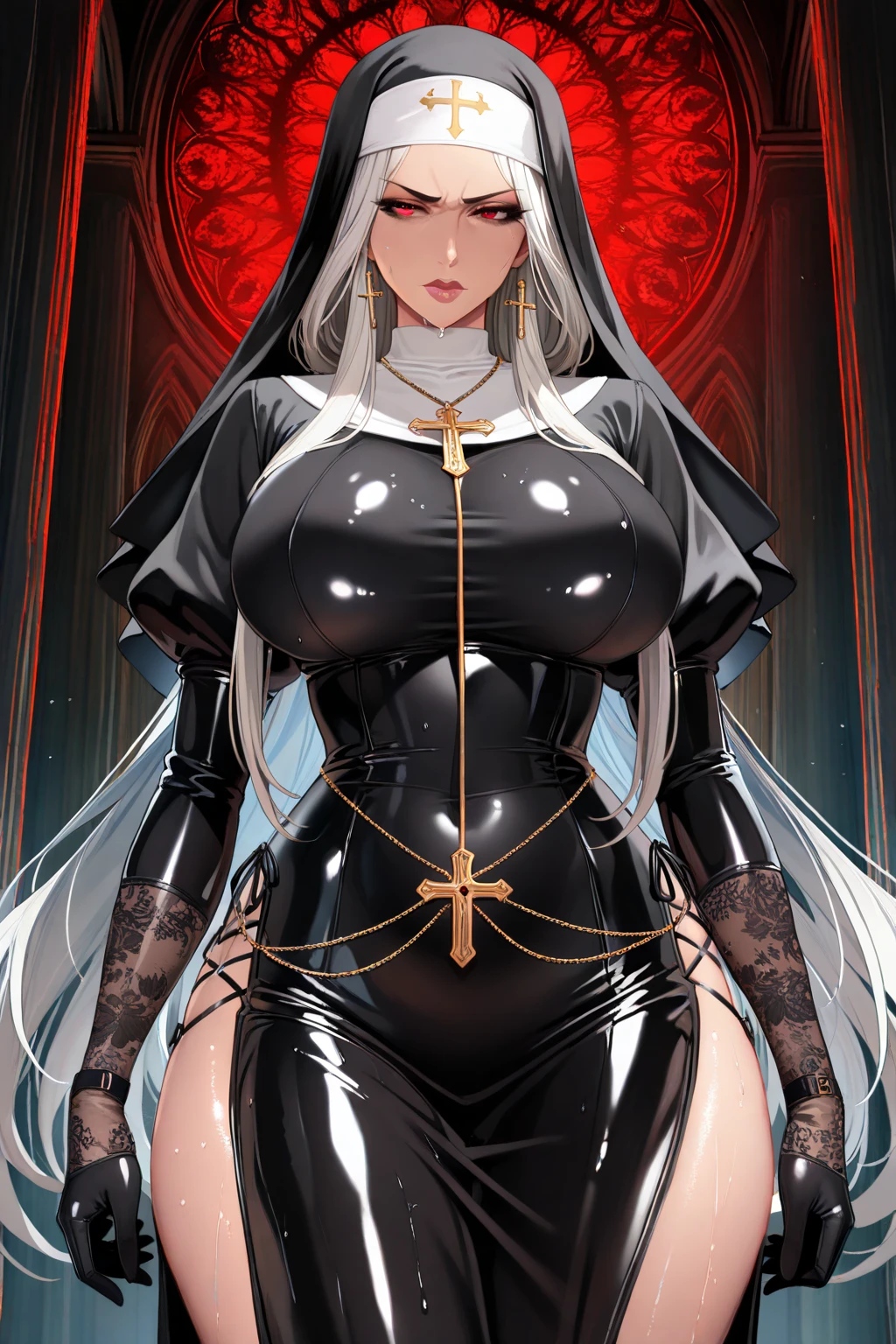 (masterpiece), score_9, score_8_up,, dominant, white hair,long hair,gorgeous,full body stocking,huge breasr,nun,cape,latex bodysuit,front view,