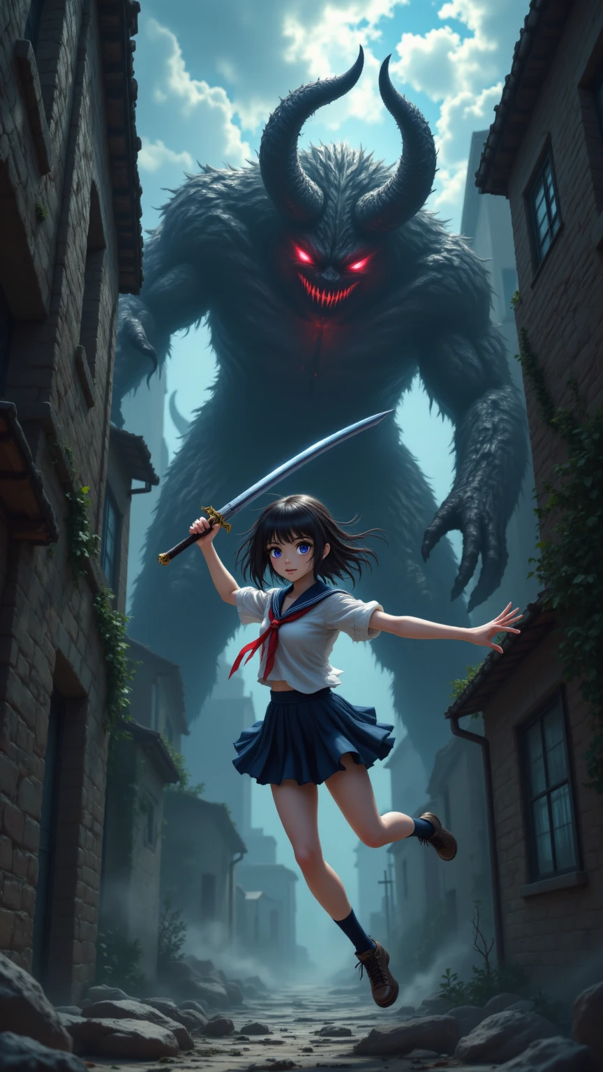 A giant high school girl kicks a giant creature、Black Hair、Bobcut、Beautiful Face、Japanese、Disheveled Hair、Real、Buildings、Cloudy