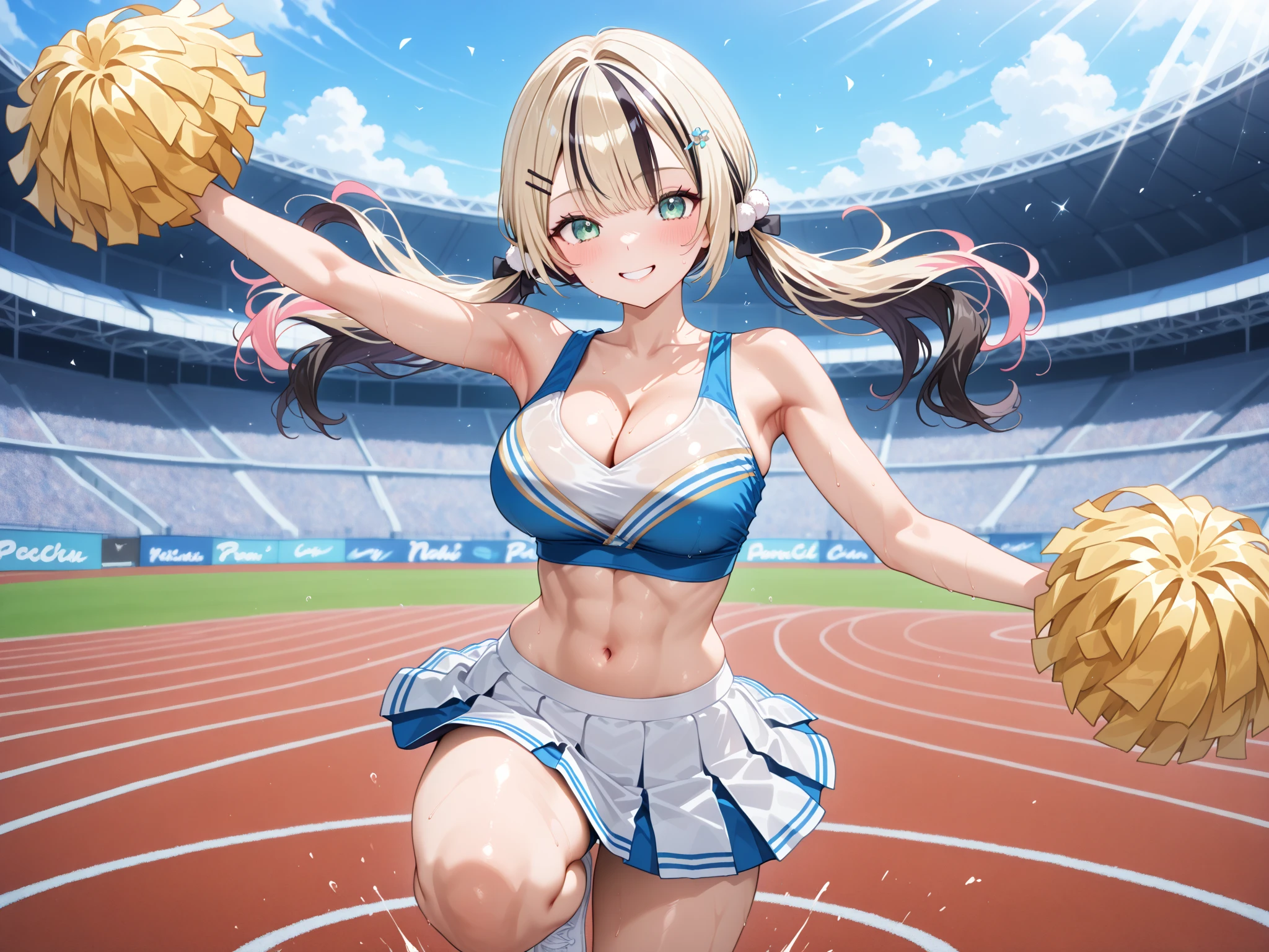 sexy dance show,(stadium, blurry background,blue sky,strong wind:1.2),oguri cap\(umamusume\),perfect hands, perfect finger,perfect anatomy,masterpiece, best quality,realistic, hyperrealistic, 16k hdr,,what does the fox say,open mouth, happy smile, long hair, blush, belt, crop top, blue ultra miniskirt, pleated skirt, midriff, detached sleeves, elbow gloves,sweat,navel,large breasts,cleavage,erected nipples,(from below:1.2),micro panty,horse tail