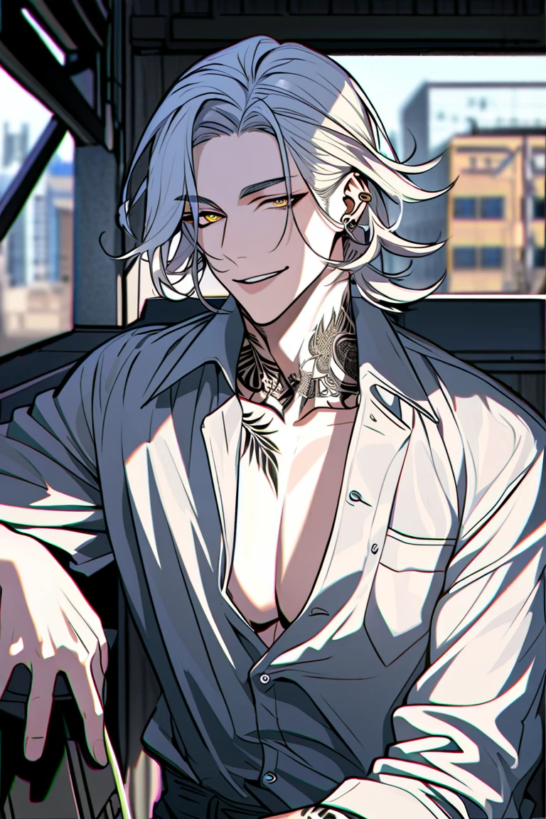 Smile at me,cat year,8k, best quality, more details, masterpiece, 1boy, portrait, male focus, green eyes, solo, bangs, looking at viewer, long hair, rain,moonlight,nail polish, gray hair, luxurious, 8k, ray tracing, depth of field, cinematic lightin