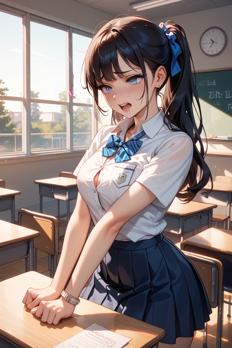 (masterpiece、highest quality)、Beautiful illustrations、Gazing at the viewer、Beautiful thighs、Front view、1 girl、Mature high school girl、A high school girl who looks 25 years old、Shiny skin、(Shoot Hair)、Big eyes、Long eyelashes、very tall、 Beautiful Hair、Beautiful Face、Beautiful Eyes、 Beautiful breasts、Beautiful thighs、Beautiful legs、Beautiful fingers、(((brown knit vest、Short sleeve white collar shirt、Navy Pleated Skirt)))、((Red bow tie))、(In the classroom)、Are standing、((smile))、(((((Skirt lift with both hands、I can see her panties and black pantyhose)))))
