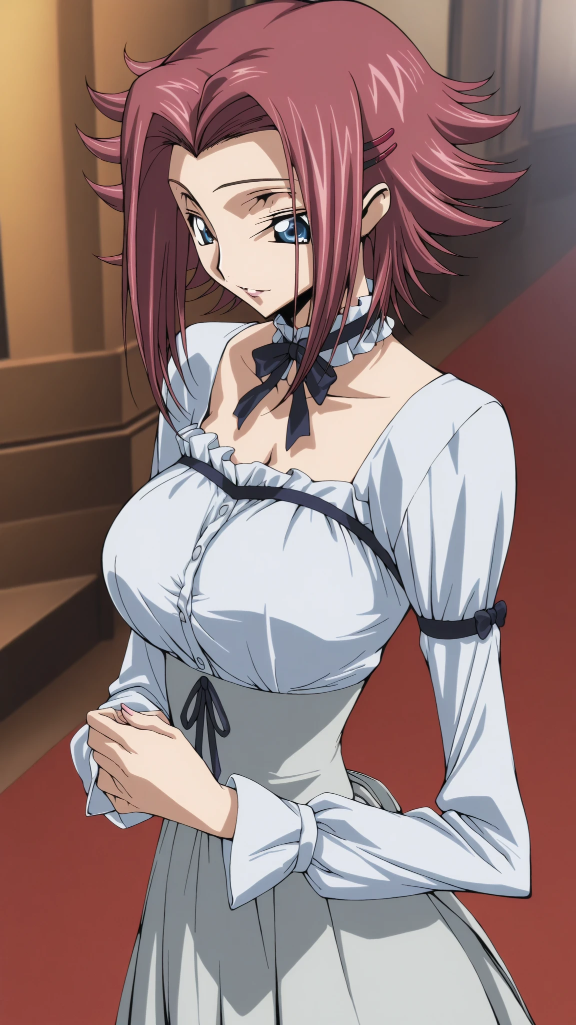 masterpiece, Highest quality,High resolution,Dorothy, Pink Hair、Red Eye、Large pupil、Braid, One side of the dress is torn at the chest、Dust cloud、tits、Nipples fully visible、receive damage from an attack、anime、((Battle scene in the ruins))、blush