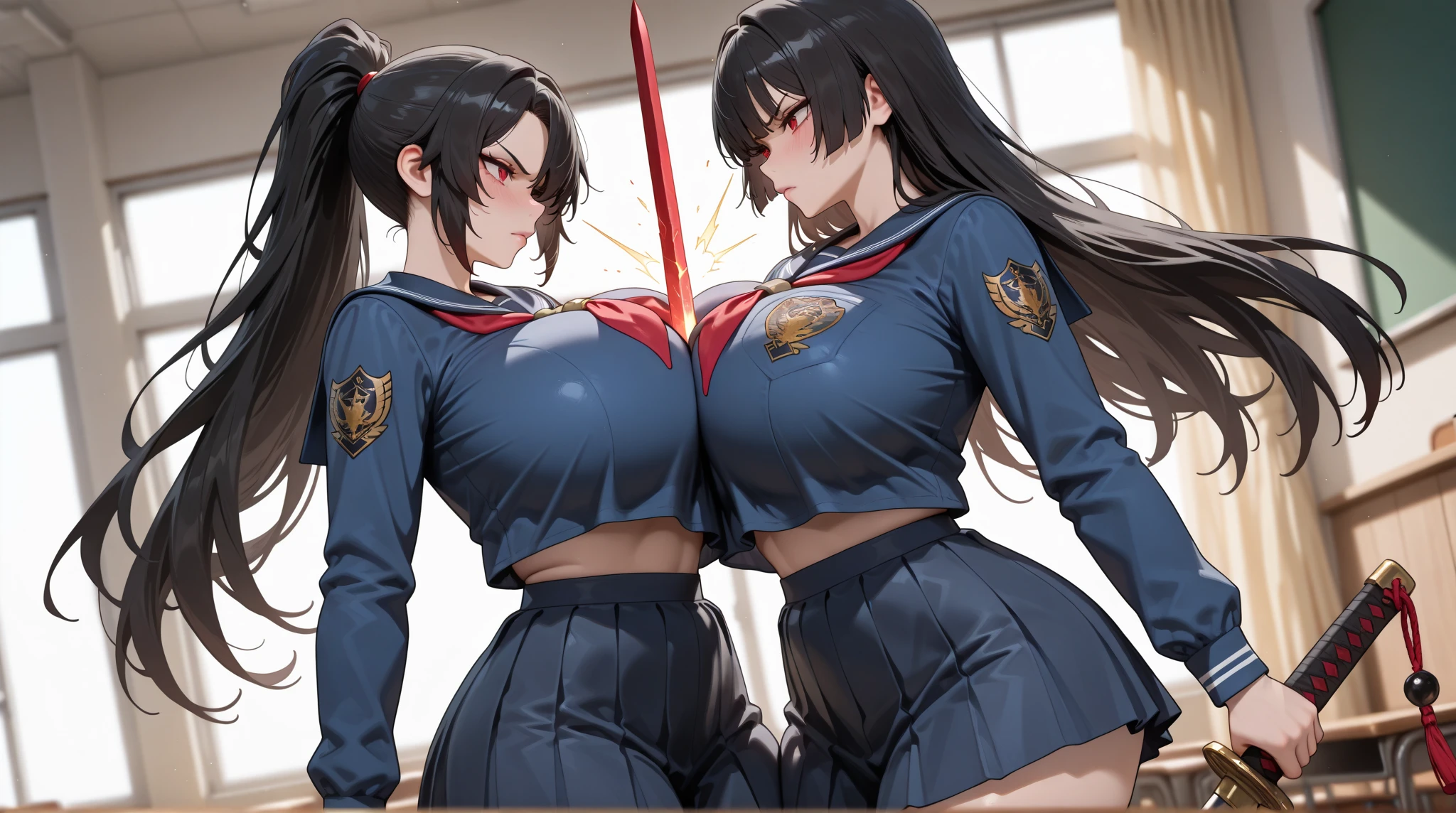 Anime, 2 girls, twins, kimtag, Pigtails hairstyle, lace colored hair, Carmine eyes, upset face, busty, firm plump body, genetics's uniform , Juliet sleeves, deep cleavage, large beret,, large skirt, posing with her hands in the hip