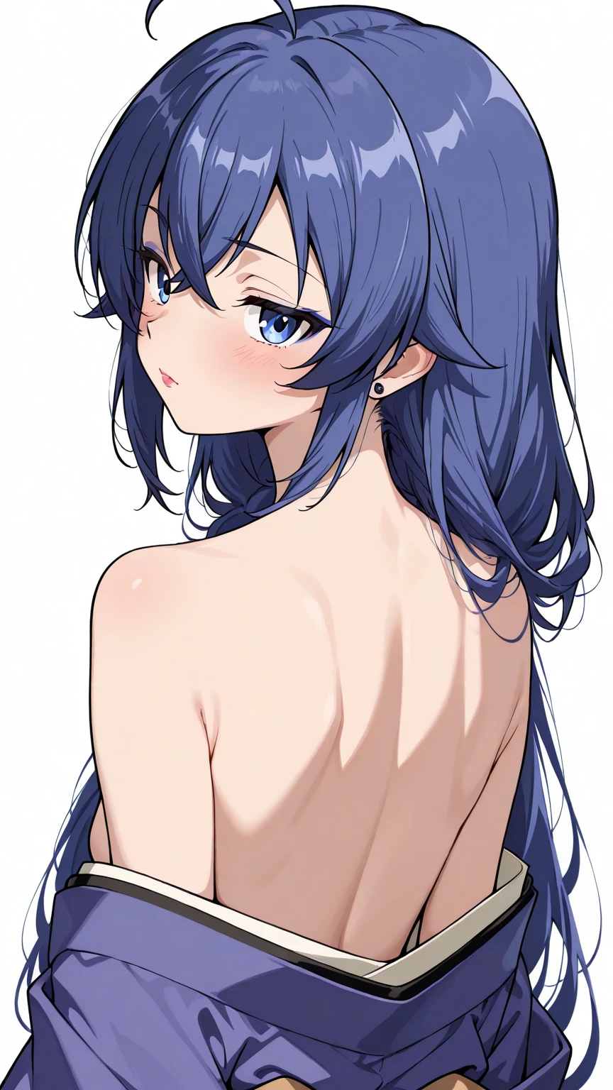 score_9, score_8_up, score_7_up, source_anime, anime screencap, outlines, (chibi:0.6), woman, 1girl, long hair, multicolored hair, black hair, sidelocks, blue hair, wavy hair, naked, standing, hands on own ass, from behind, ass, medium breasts, closed mouth, smile, blush, upper body, nsfw, white background