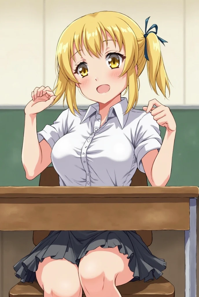 1 Female, Age 20,whole body,Standing,The distance is far,blonde perm hair,Gal,((face)), In the heat, Red cheeks,Open Mouth,Sulky face, Yellow Eyes,tits, White shirt,Navy blue tie,High quality anime, Vulgar,(90s Anime), ((Sweating profusely)), Mastepiece, Ultra High Quality, High resolution, 8K, background:live-action,background:Super Real,background:Photographic school classroom,Window,sunlight,((Fisheye Lens)),backgroundボケ,(Low - Angle),