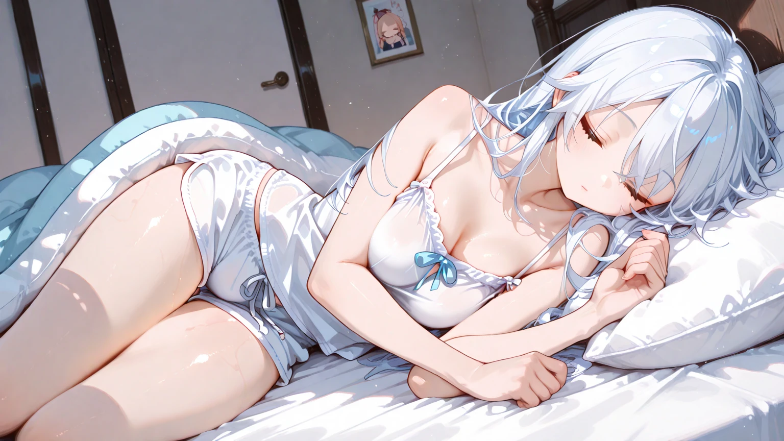 The girl is naked,Cloth covers the chest,Sleep