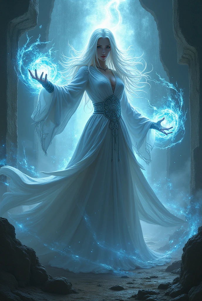 ArsMJStyle, ChiaroscuroFantasy, Sorceress in a Glowing Twilight , A powerful sorceress with flowing robes of dark green and silver stands atop a cliff at dusk, her eyes glowing with arcane energy. Her hair shimmers like threads of light, and her hands conjure floating orbs of luminous power. Behind her, a vast landscape stretches out, with dark mountains illuminated by the fading sun and the first stars beginning to twinkle in the sky. The soft light casts long shadows, accentuating the dramatic scenery.