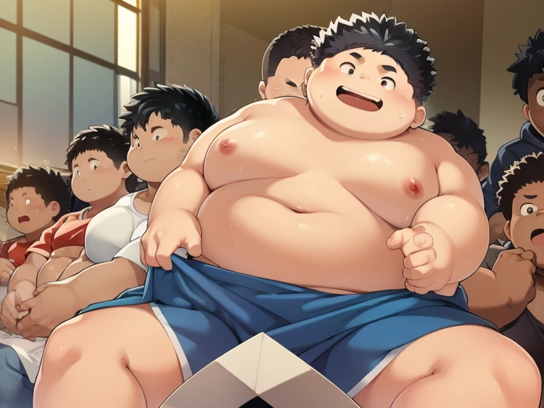 beautiful, chubby, (very short hair),pudgy face, (naughty) (high school students),((young)), (androgynous), (boyish), (handsome), thick, (shota), overweight, (beefy), (nipples), (cute), (little brat), (naughty brat), (へそ), (ぽっちゃりした体), big belly, (汗ばんだ体), (臭そうな体),