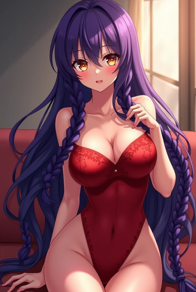 a close up of a person sitting on a bed with a purple dress, seductive anime girl, beautiful alluring anime woman, anime moe artstyle, shalltear from overlord, beautiful alluring anime teen, smooth anime cg art, misato katsuragi, anime goddess, made with anime painter studio, huge breasts,contemptuous face,best quality, ultra high res, (photorealistic:1.4), 8k resolution, girl, (brown random hair:1.3), (realistic hair:1.2), (Korean girl:1.2), (realistic eyes:1.2), (beauty face:1.3), perfect body, white pale skin, big breast, cleavage, (tongue out and mouth open:1.2), (eyes looked up:1.3), (wet body and thong:1.2), super wet body by the white liquid