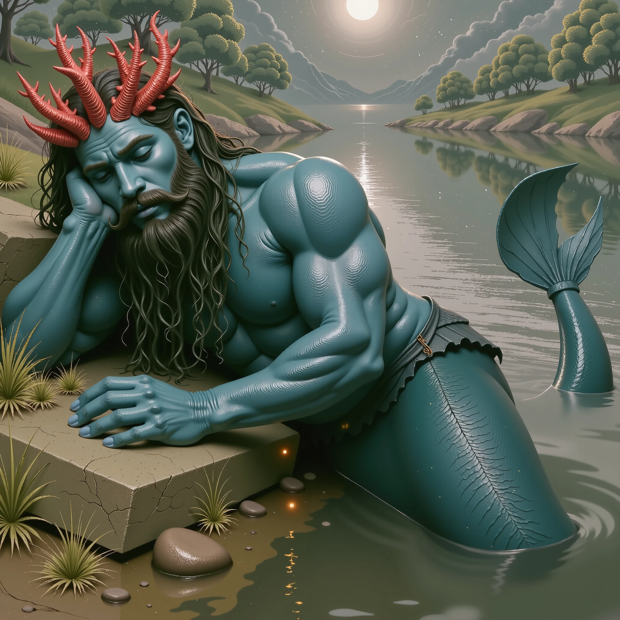 Nereus, the triton, sleeps peacefully on the riverbank. His cerulean-blue skin glimmers softly in the moonlight, blending harmoniously with the tranquil surroundings. His webbed fingers rest gently on the moss-covered ground, while his seaweed-like hair and beard flow like a gentle current. Coral-red horns crown his head, adding a touch of regal mystique. The river reflects the serene morning sky. The atmosphere is calm and magical, evoking a sense of ancient wisdom and connection to nature.
