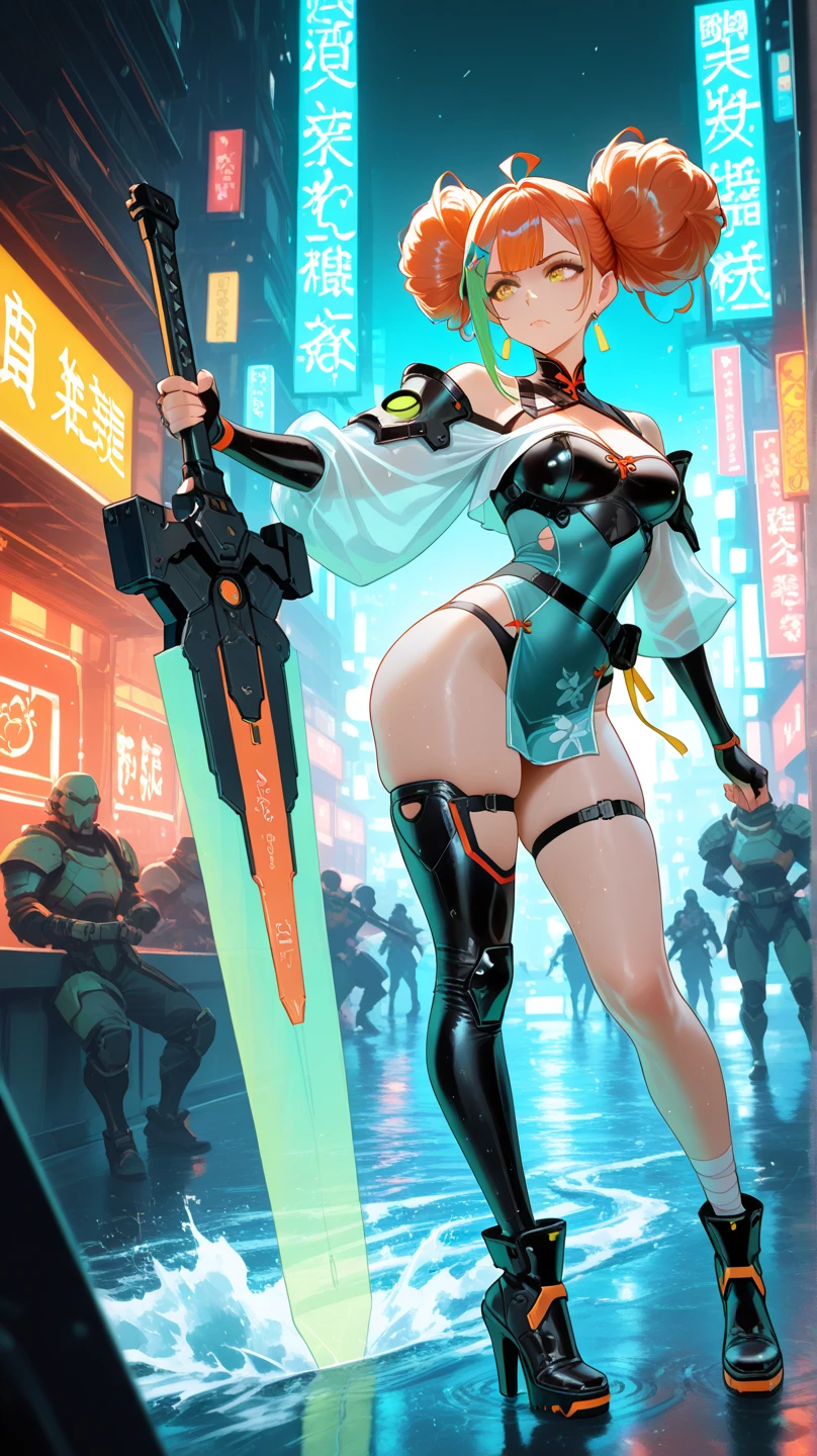 Young female with long black straight hair, side ponytail, female swordsman, turquoise fluorescent full-body tights, sci-fi armor, chest, cleavage, panties, tights, high-heeled shoes, apocalyptic ruined city
